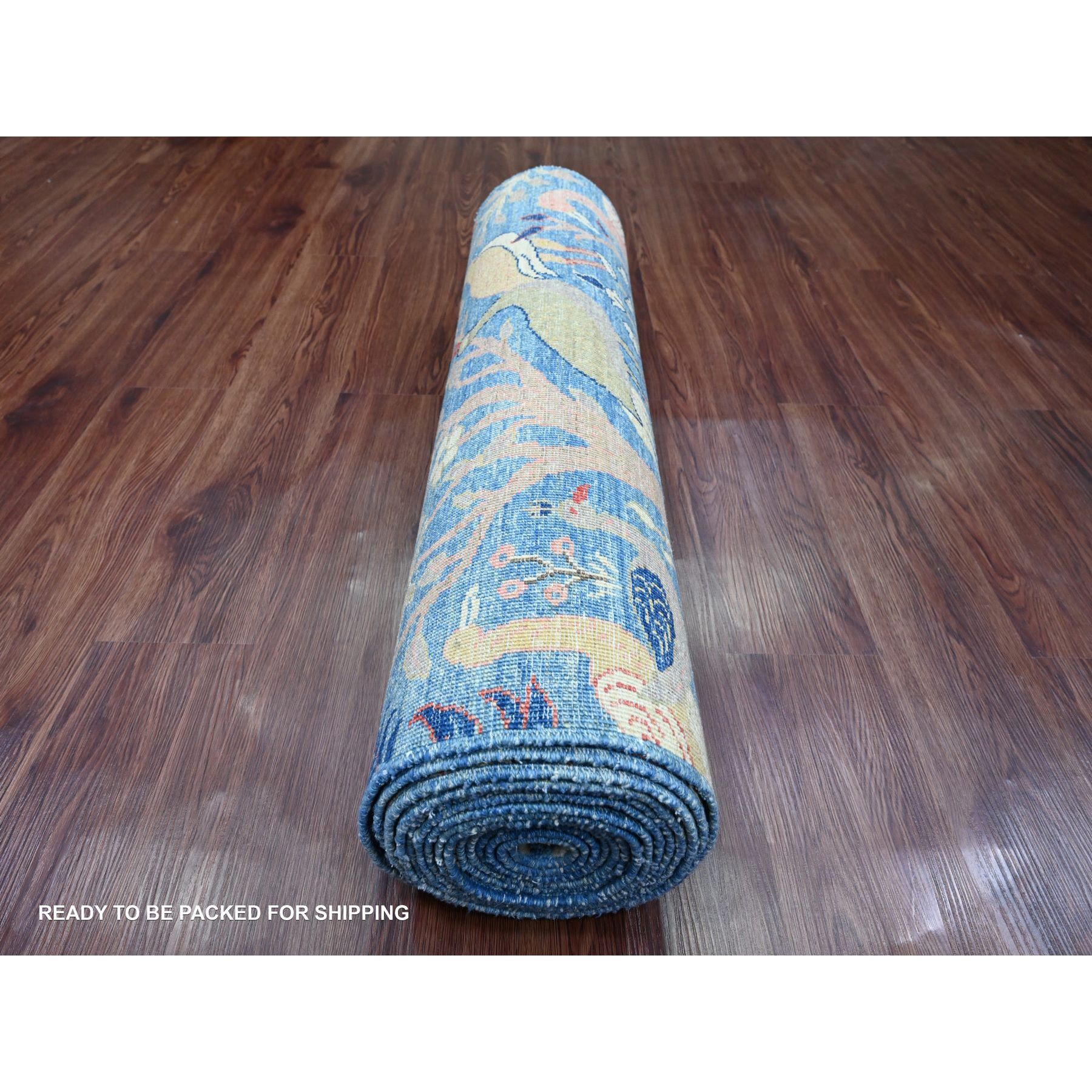 3'1"x19'4" Lake Blue, Afghan Peshawar with Birds of Paradise Design, Hand Knotted, 100% Soft Wool, Vegetable Dyes, XL Runner, Oriental Rug Sh20269