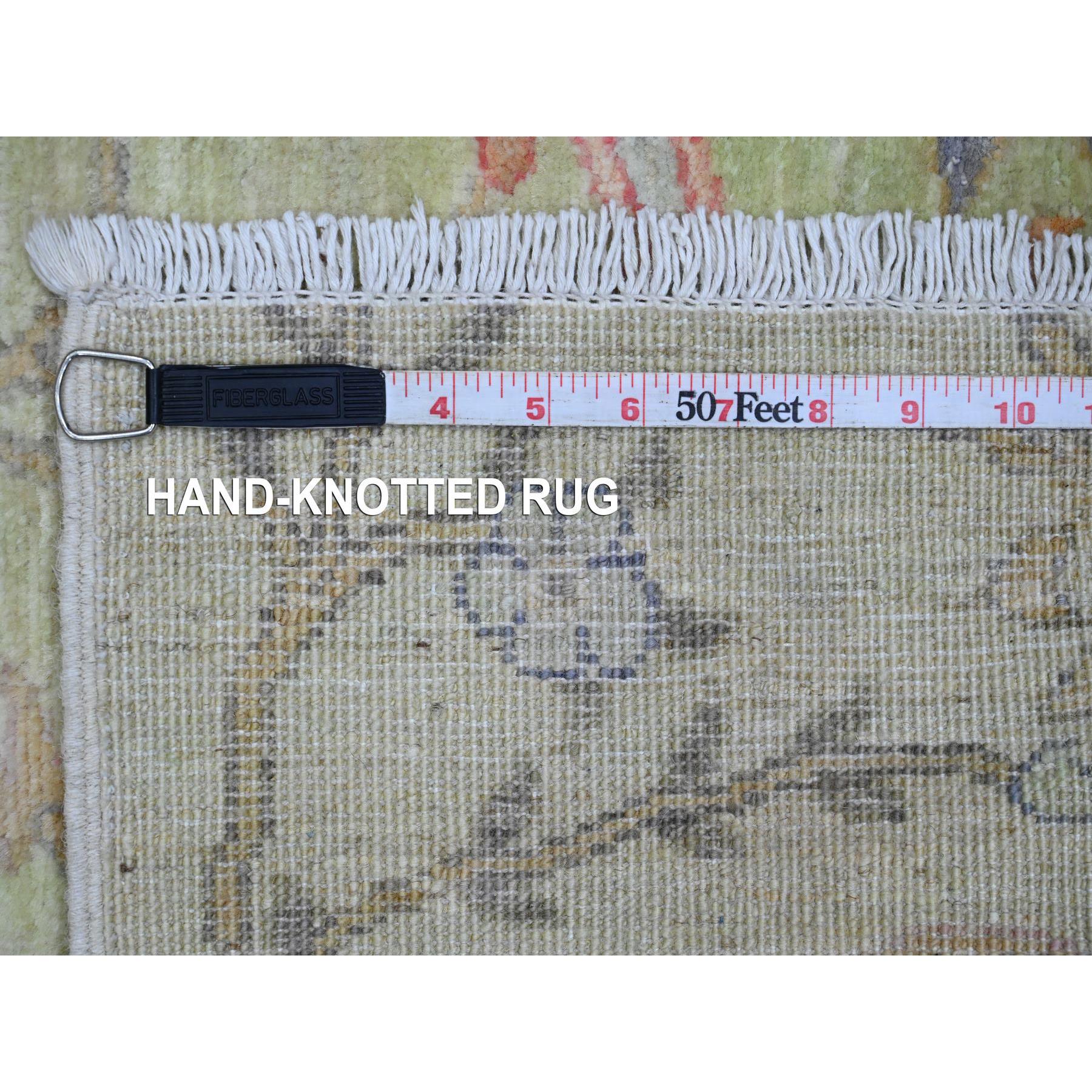 2'4"x7'9" Olive Green, Hand Knotted, Afghan Peshawar with Birds of Paradise Design, Soft Wool, Vegetable Dyes, Runner, Oriental Rug Sh20270