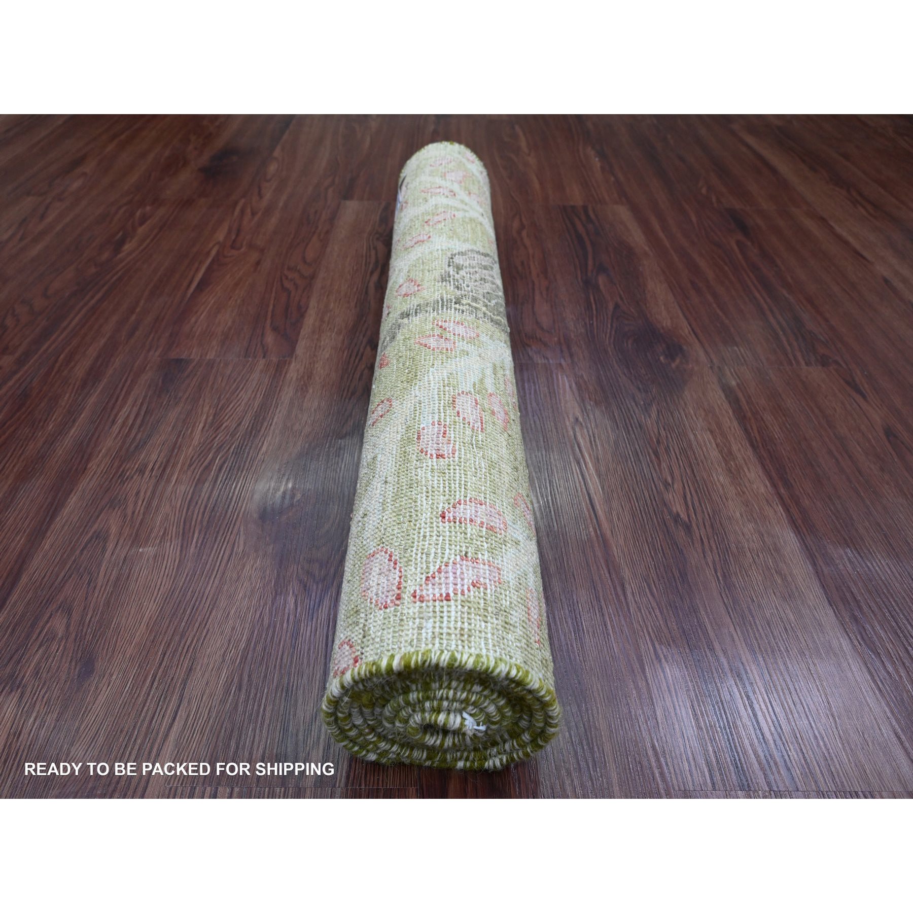 2'7"x6' Olive Green, Afghan Peshawar with Birds of Paradise Design, Soft 100% Wool, Hand Knotted, Vegetable Dyes, Runner, Oriental Rug Sh20271