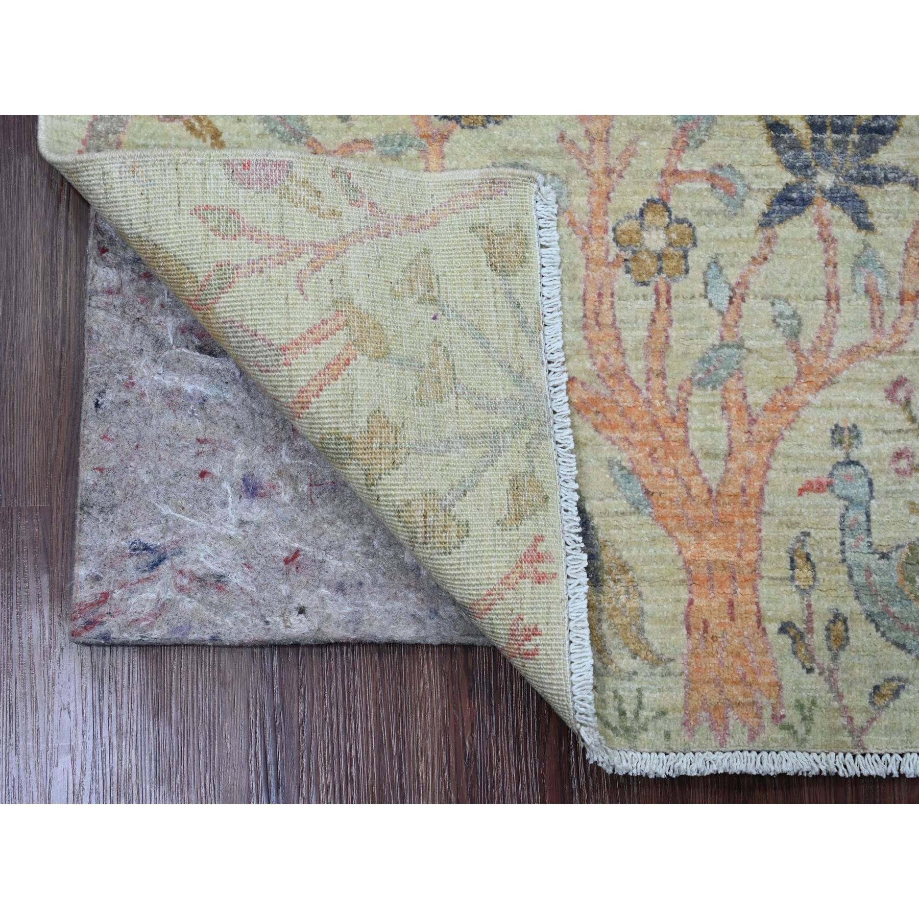 3'x4'8" Swamp Green, Soft Wool, Afghan Peshawar with Birds of Paradise Design, Hand Knotted, Vegetable Dyes, Oriental Rug Sh20273