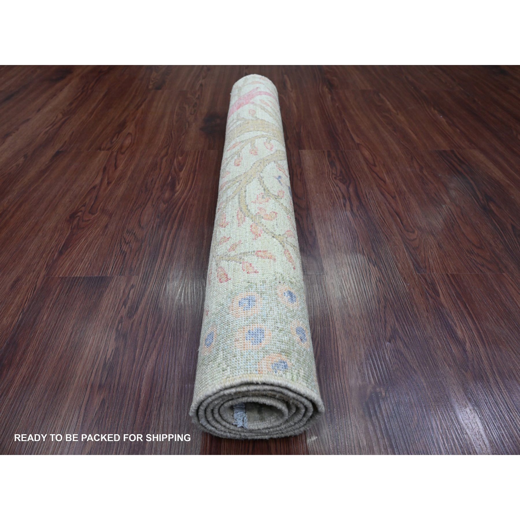 3'x4'8" Swamp Green, Soft Wool, Afghan Peshawar with Birds of Paradise Design, Hand Knotted, Vegetable Dyes, Oriental Rug Sh20273
