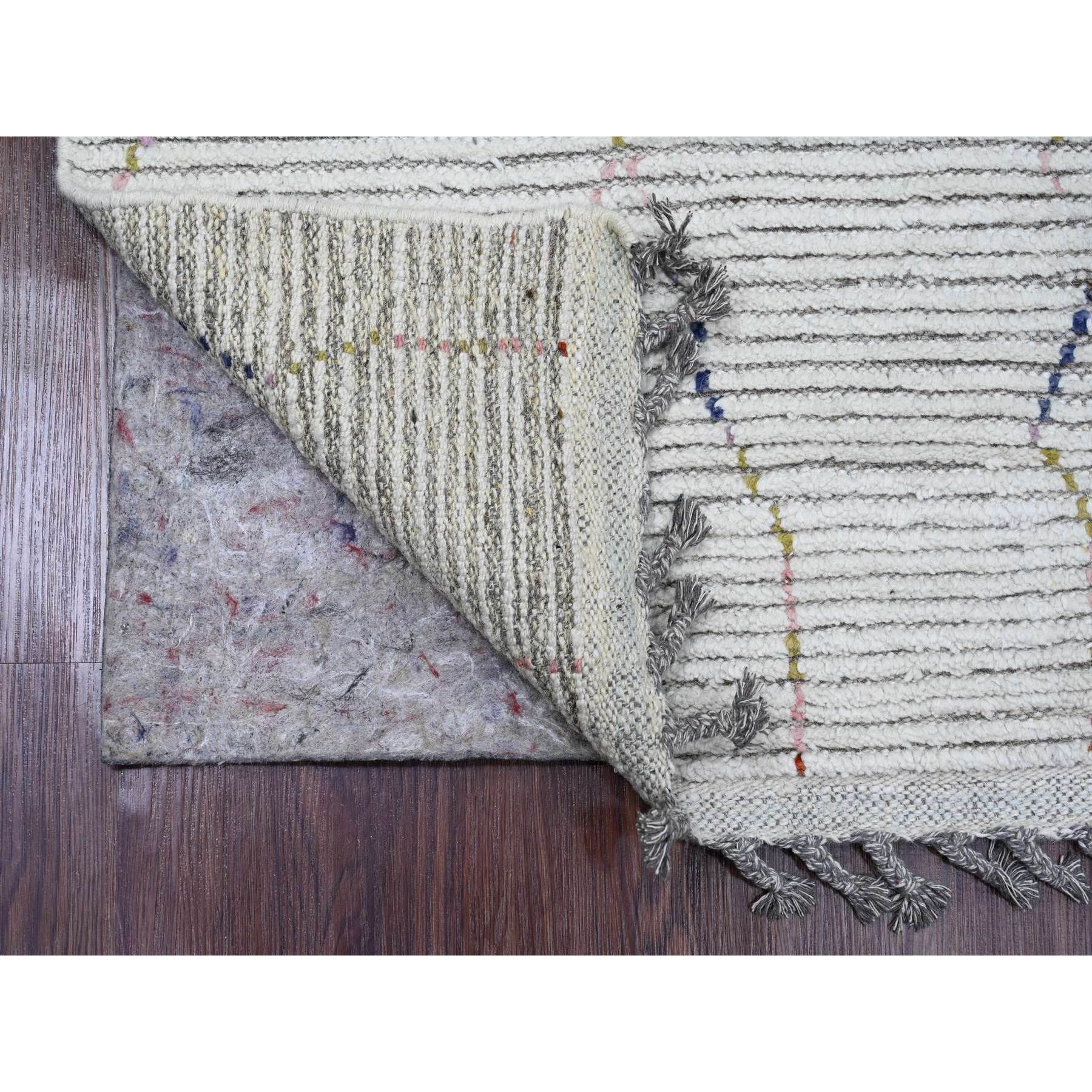 2'3"x10'5" Chiffon White, Moroccan Weave with Zigzag Line Design, Soft Wool, Hand Knotted, Textured Pile, Runner, Oriental Rug Sh20275