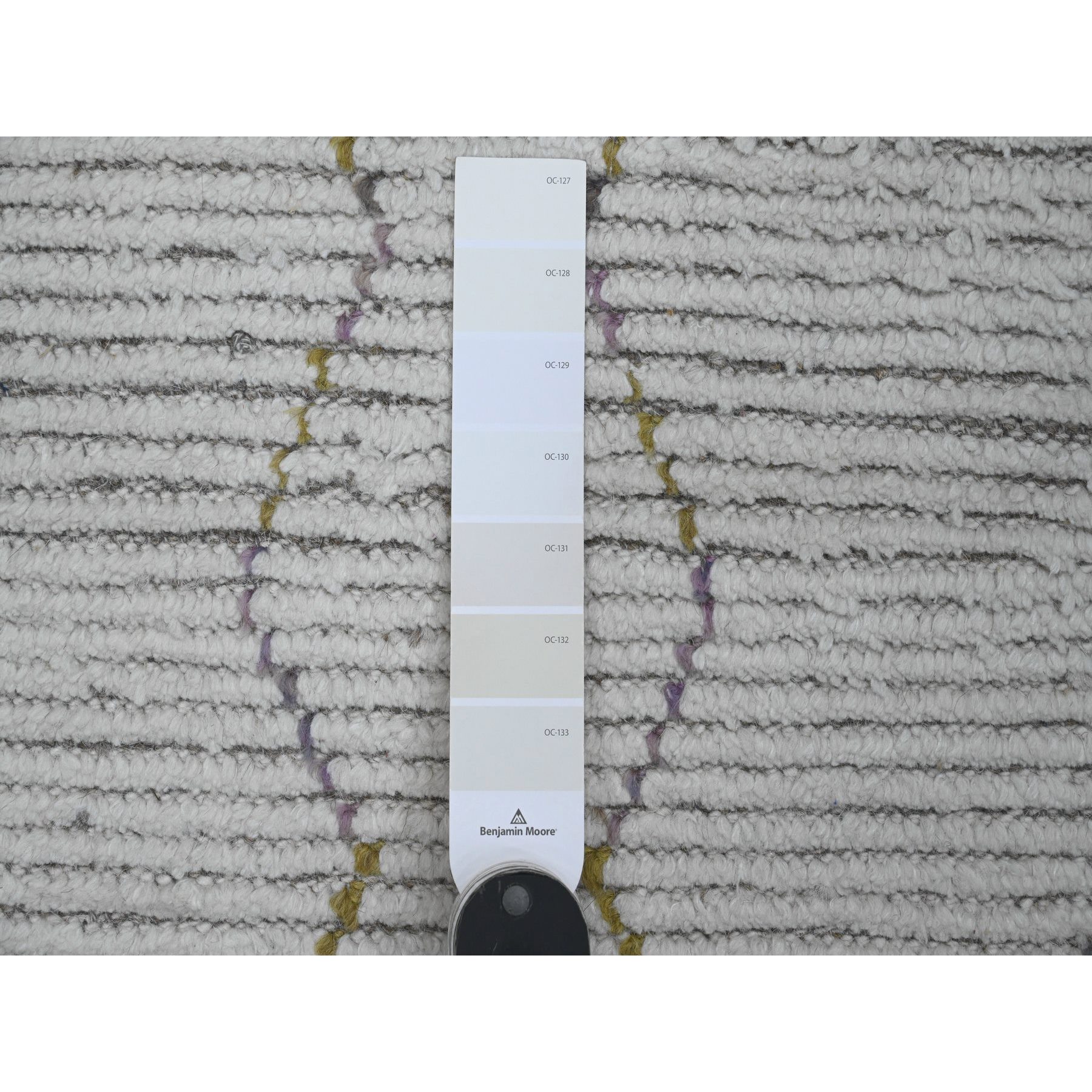 2'3"x10'5" Chiffon White, Moroccan Weave with Zigzag Line Design, Soft Wool, Hand Knotted, Textured Pile, Runner, Oriental Rug Sh20275