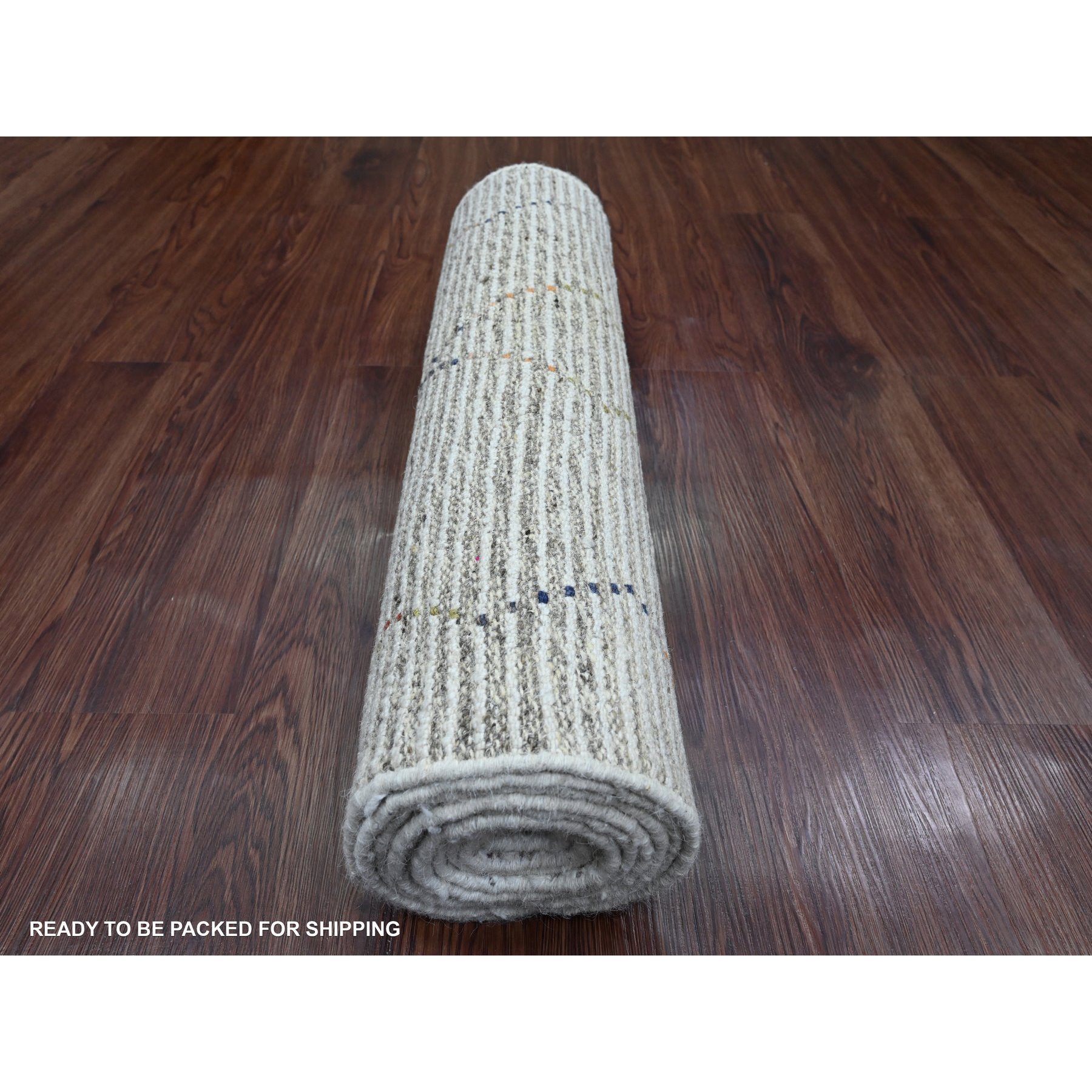 2'3"x10'5" Chiffon White, Moroccan Weave with Zigzag Line Design, Soft Wool, Hand Knotted, Textured Pile, Runner, Oriental Rug Sh20275