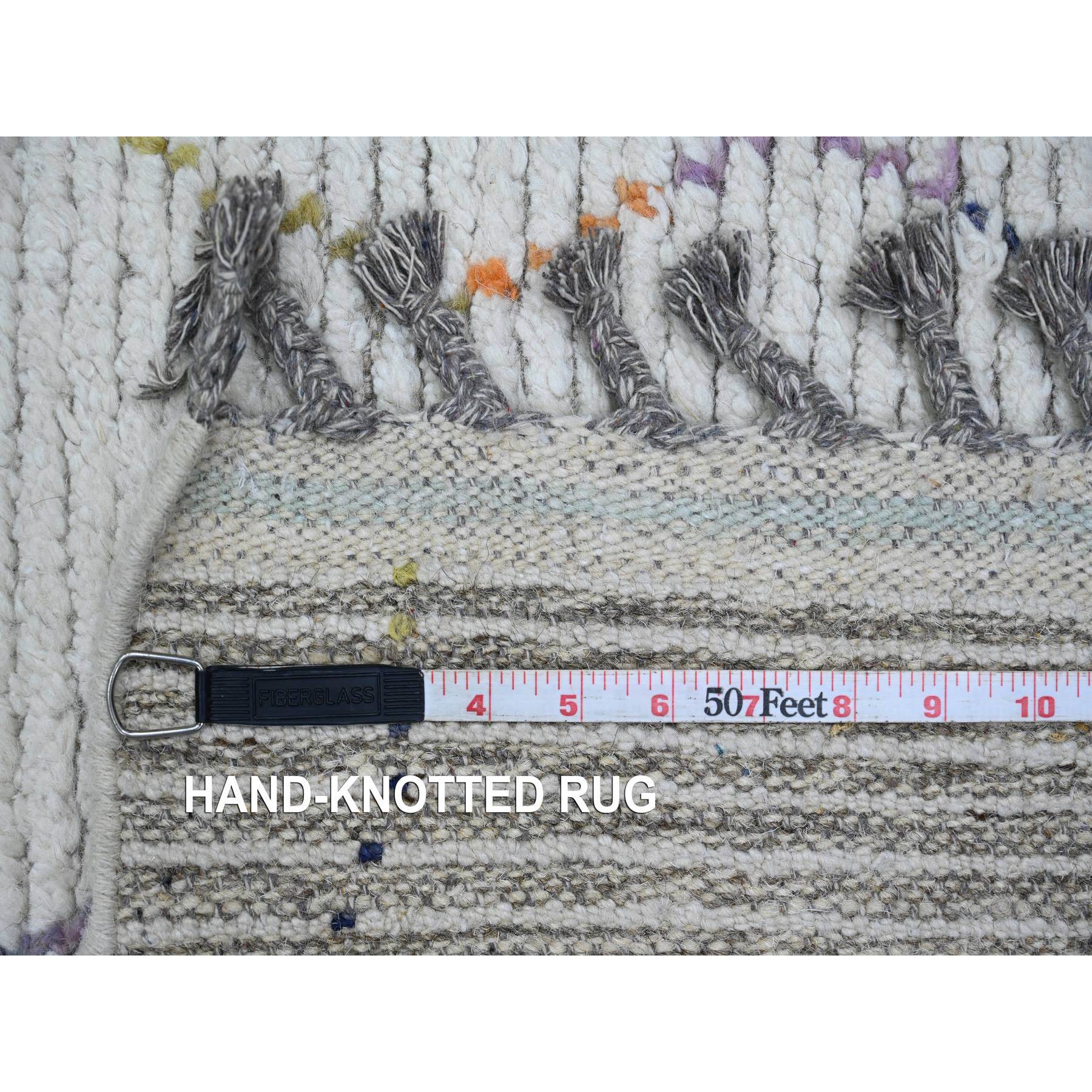 2'3"x10'5" Chiffon White, Moroccan Weave with Zigzag Line Design, Soft Wool, Hand Knotted, Textured Pile, Runner, Oriental Rug Sh20275