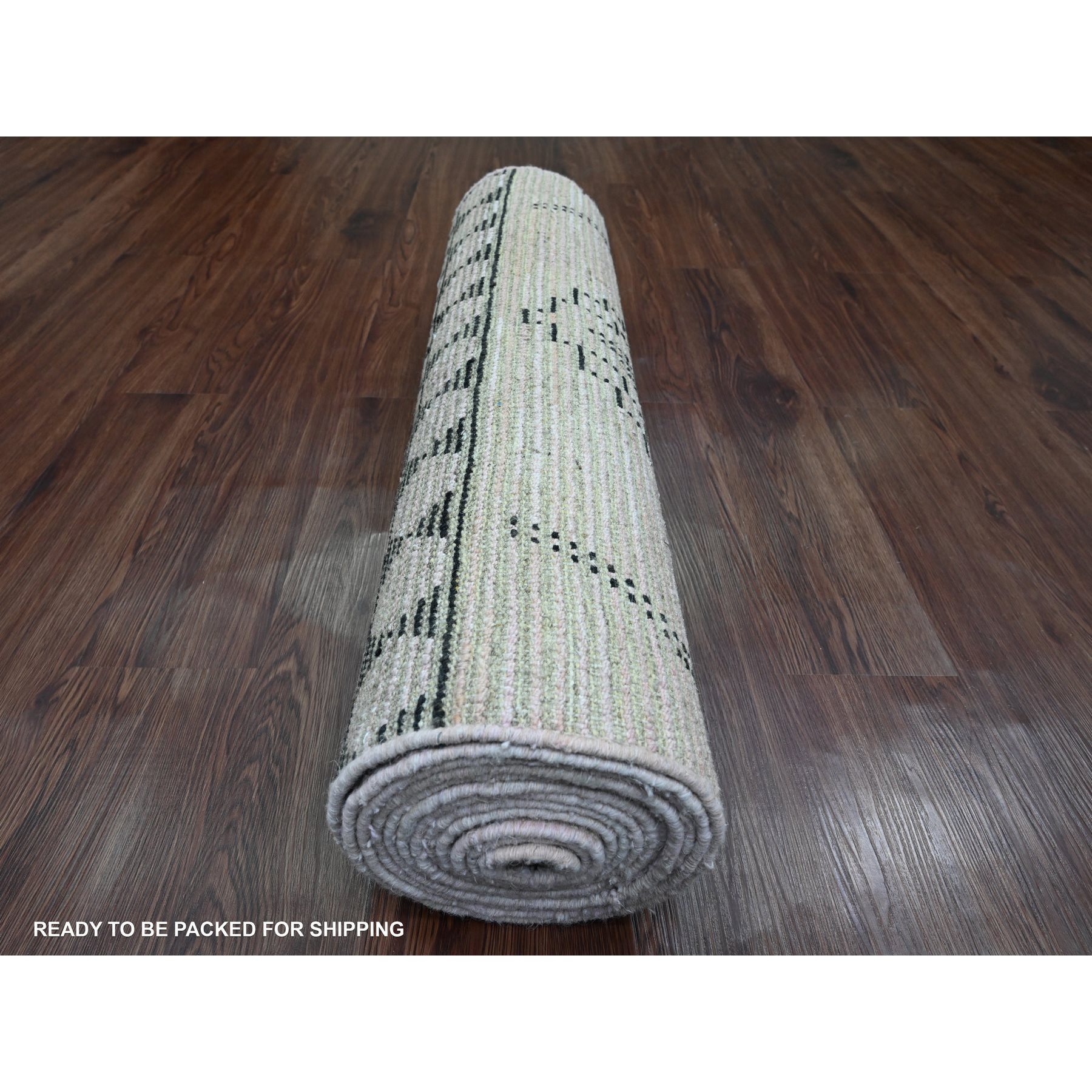 2'10"x15'8" Alabaster White, Moroccan Weave with Serrated Medallions Design, Soft Wool, Hand Knotted, Textured Pile, XL Runner, Oriental Rug Sh20277