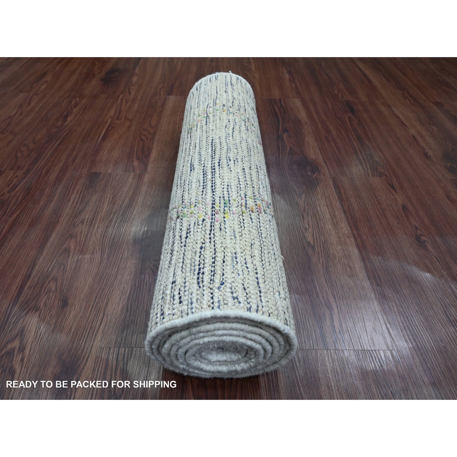 2'4"x10'7" Oyster White, Moroccan Weave with Colorful Geometric Pattern, Textured Pile, Soft Wool, Hand Knotted, Runner, Oriental Rug Sh20283