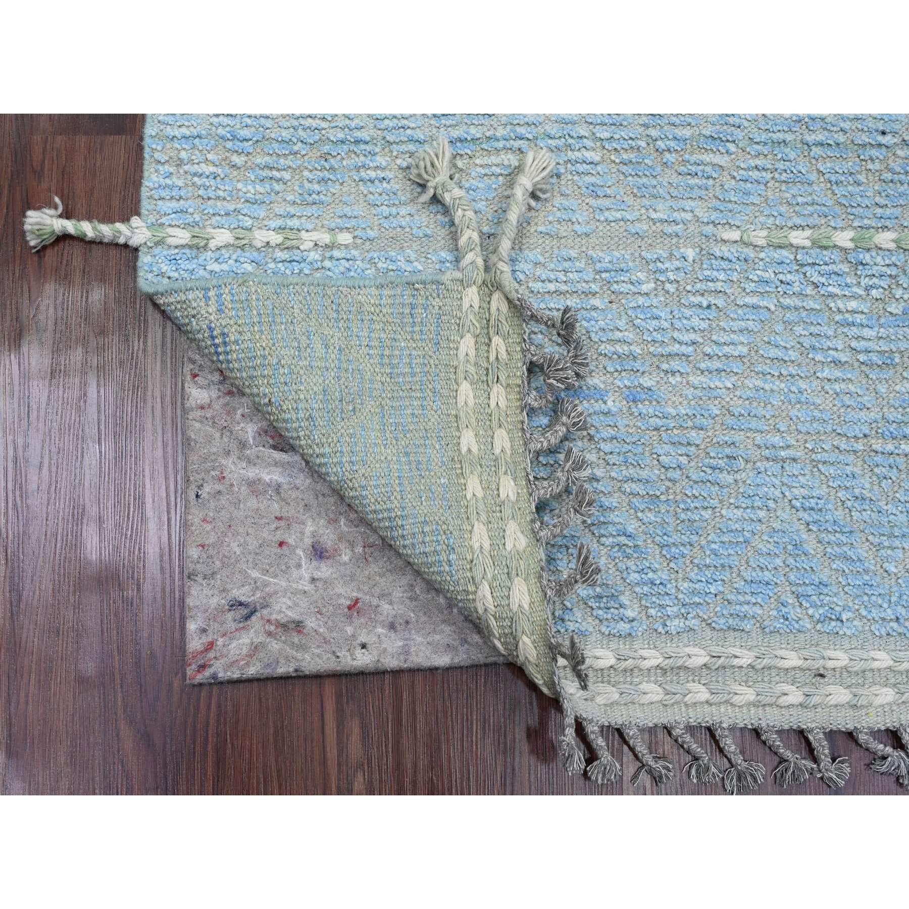 2'6"x10'5" Ruddy Blue, Soft Wool, Moroccan Weave with Geometric Pattern, Hand Knotted, Textured Pile, Runner, Oriental Rug Sh20284