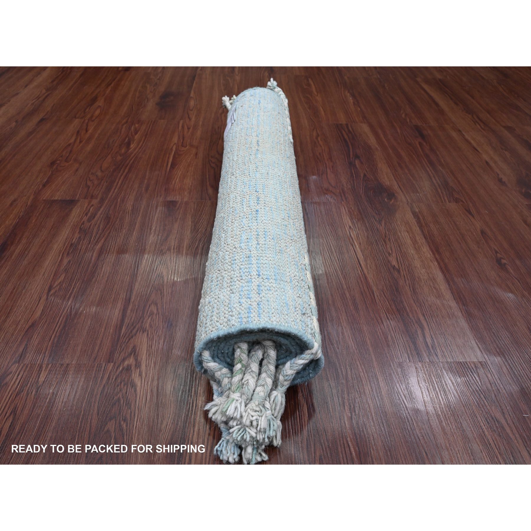 2'6"x10'5" Ruddy Blue, Soft Wool, Moroccan Weave with Geometric Pattern, Hand Knotted, Textured Pile, Runner, Oriental Rug Sh20284