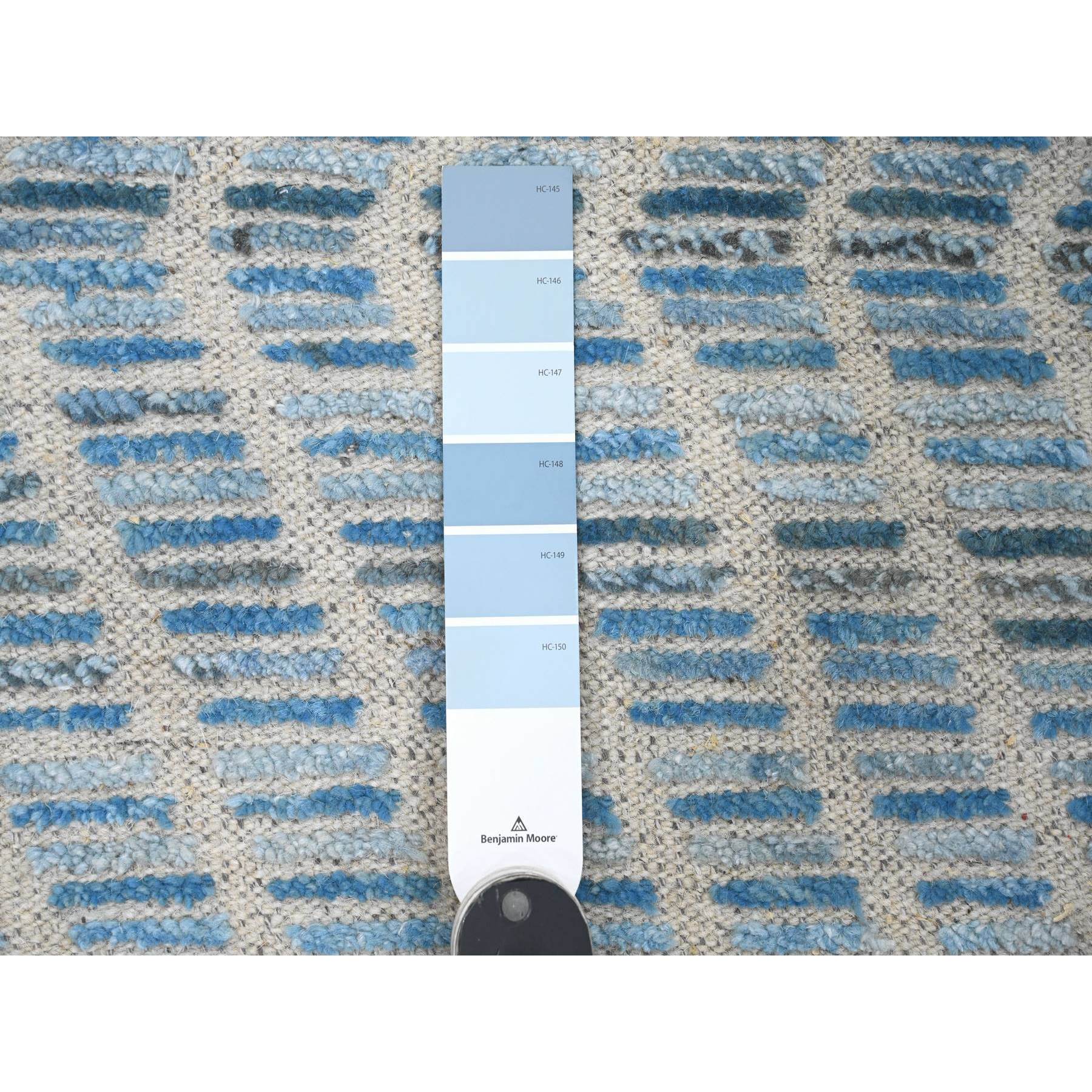 2'5"x10'6" Imperial Blue, Moroccan Weave with Geometric Zig Zag Pattern, Soft Wool, Hand Knotted, Textured Pile, Runner, Oriental Rug Sh20287