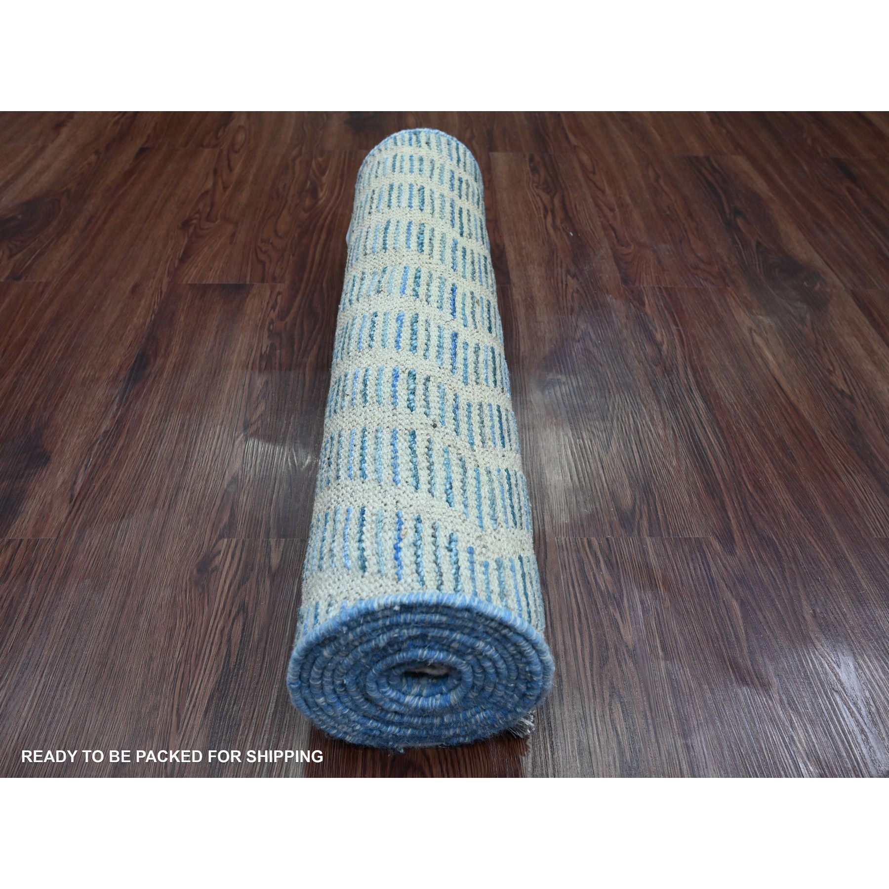 2'5"x10'6" Imperial Blue, Moroccan Weave with Geometric Zig Zag Pattern, Soft Wool, Hand Knotted, Textured Pile, Runner, Oriental Rug Sh20287