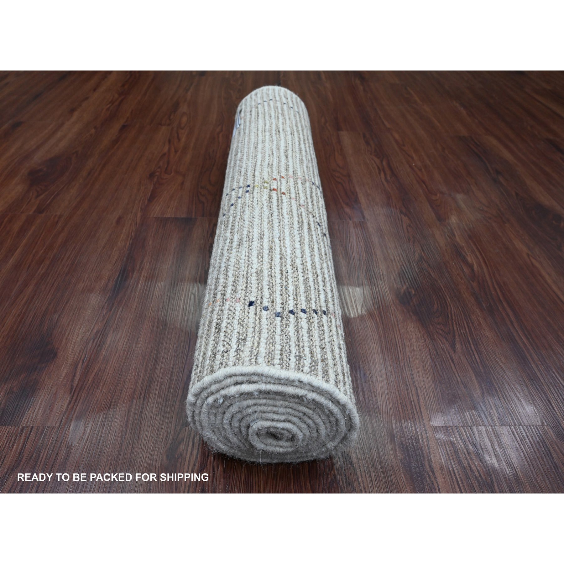 2'6"x10'6" Oyster White, Hand Knotted, Moroccan Weave with Geometric Serrated Line Design, Textured Pile, Soft Wool, Runner, Oriental Rug Sh20288