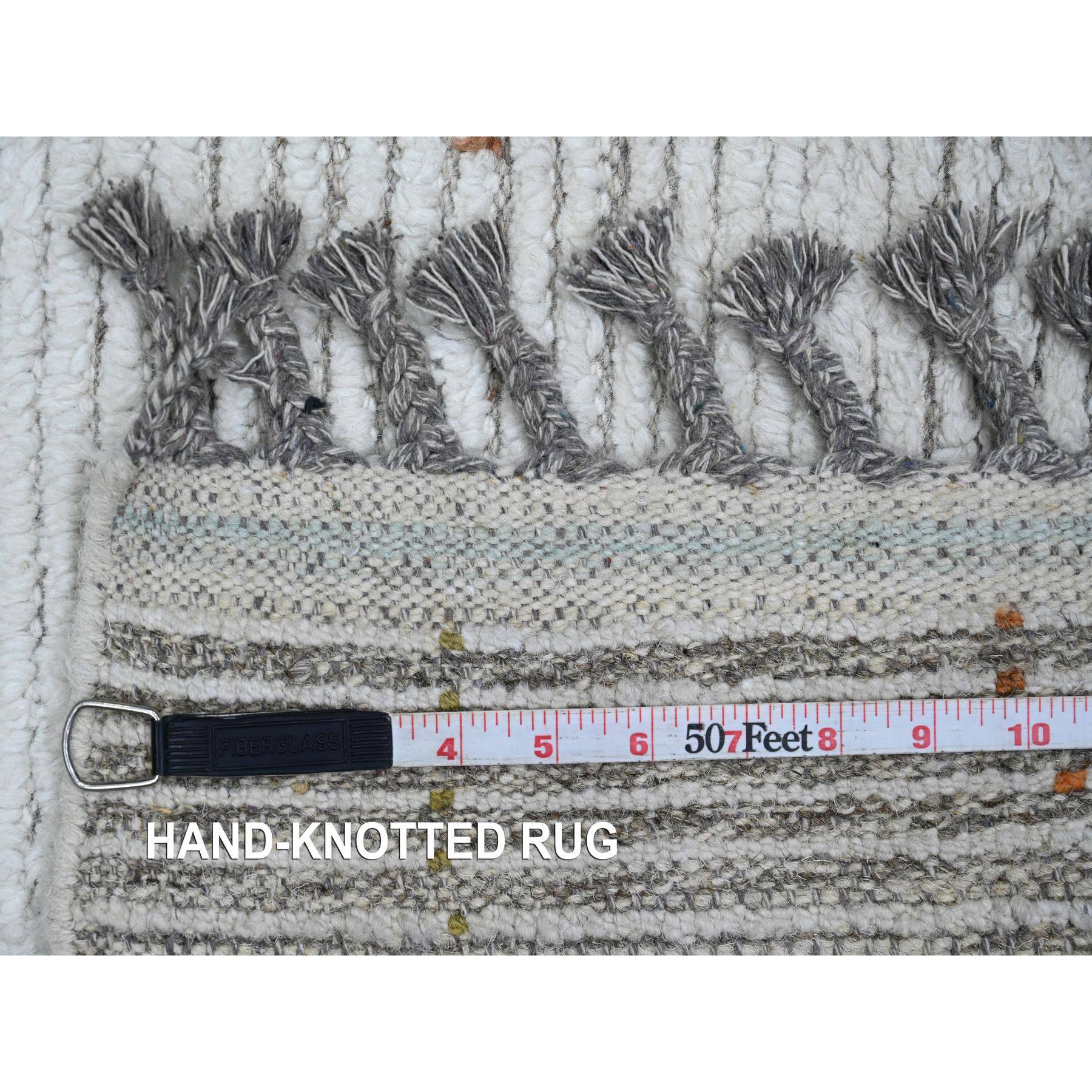 2'6"x10'6" Oyster White, Hand Knotted, Moroccan Weave with Geometric Serrated Line Design, Textured Pile, Soft Wool, Runner, Oriental Rug Sh20288
