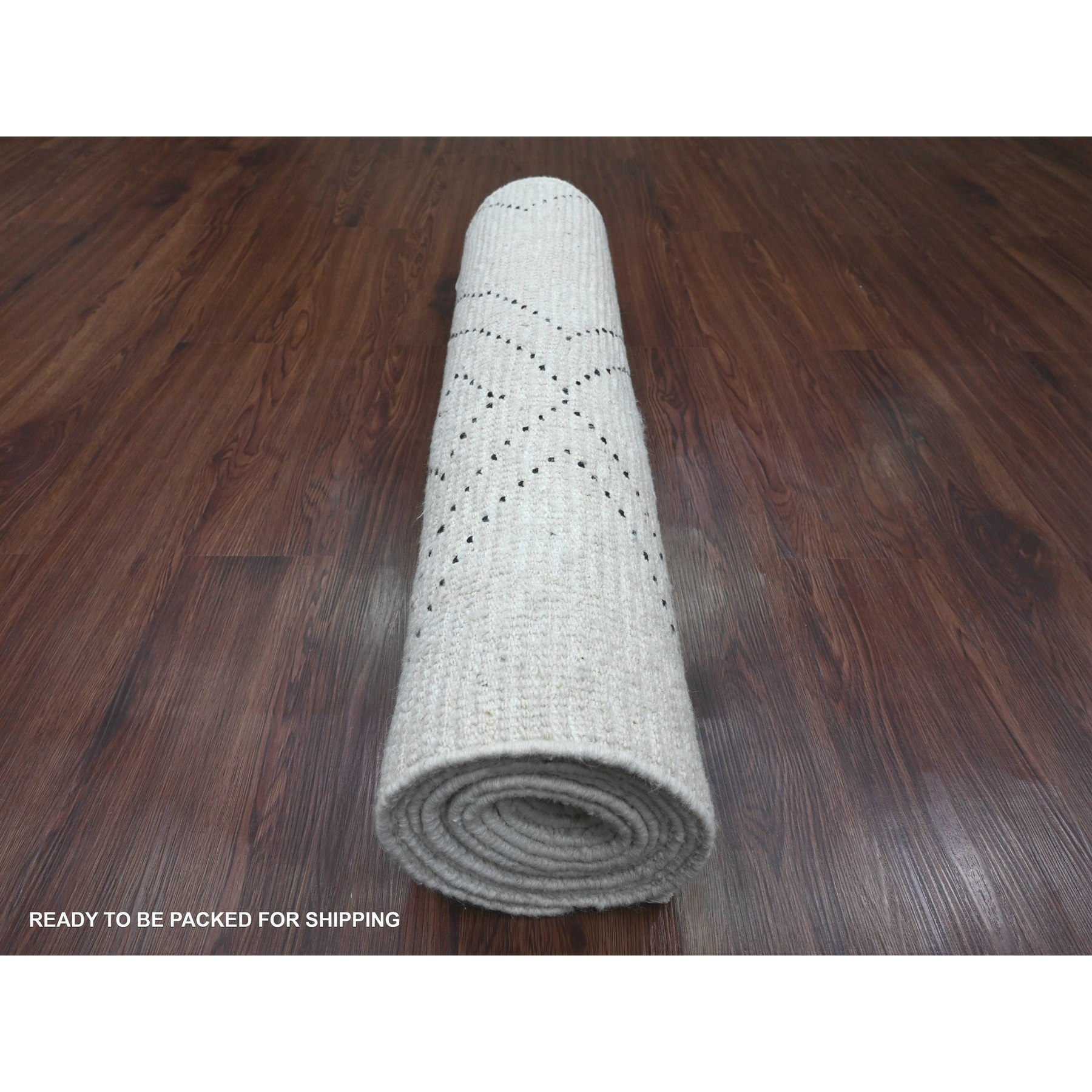 3'x12'8" Pearl White, Moroccan Weave with Geometric Pattern, Textured Pile, Soft Wool, Hand Knotted, Runner, Oriental Rug Sh20289