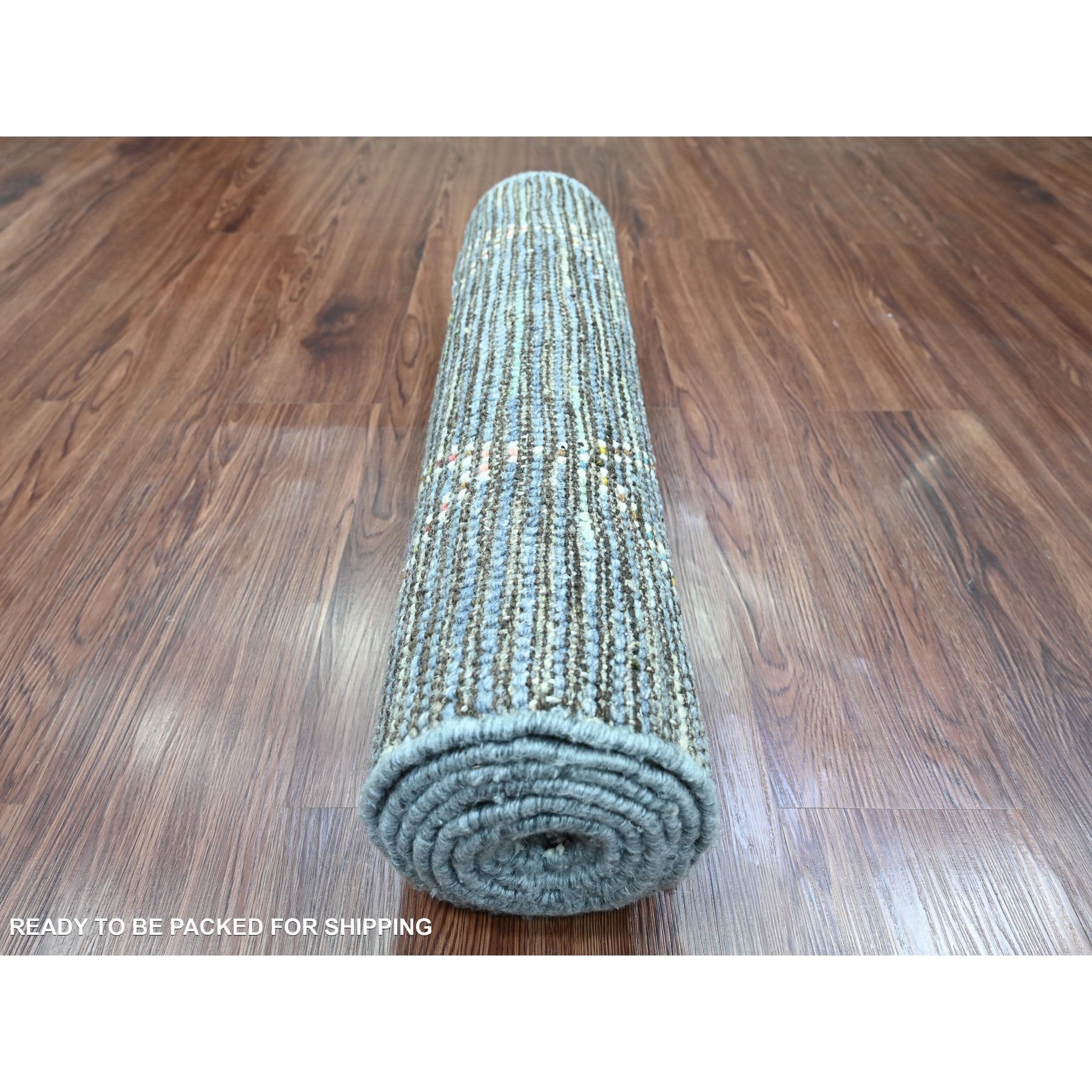 2'5"x8'4" Shades of Gray, Moroccan Weave with Geometric Serrated Pattern, Hand Knotted, Textured Pile, Soft Wool, Runner, Oriental Rug Sh20290