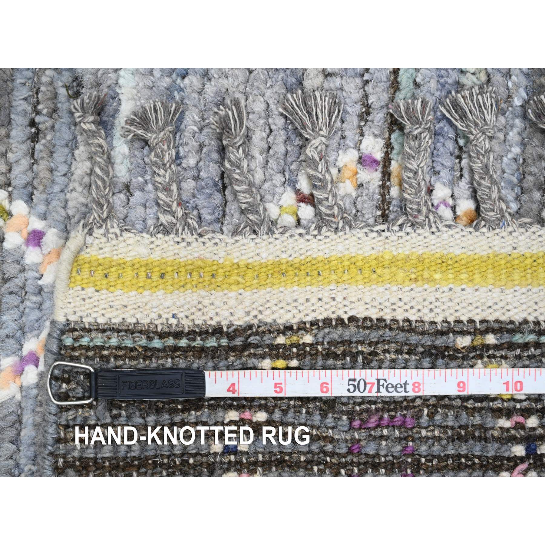 2'5"x8'4" Shades of Gray, Moroccan Weave with Geometric Serrated Pattern, Hand Knotted, Textured Pile, Soft Wool, Runner, Oriental Rug Sh20290