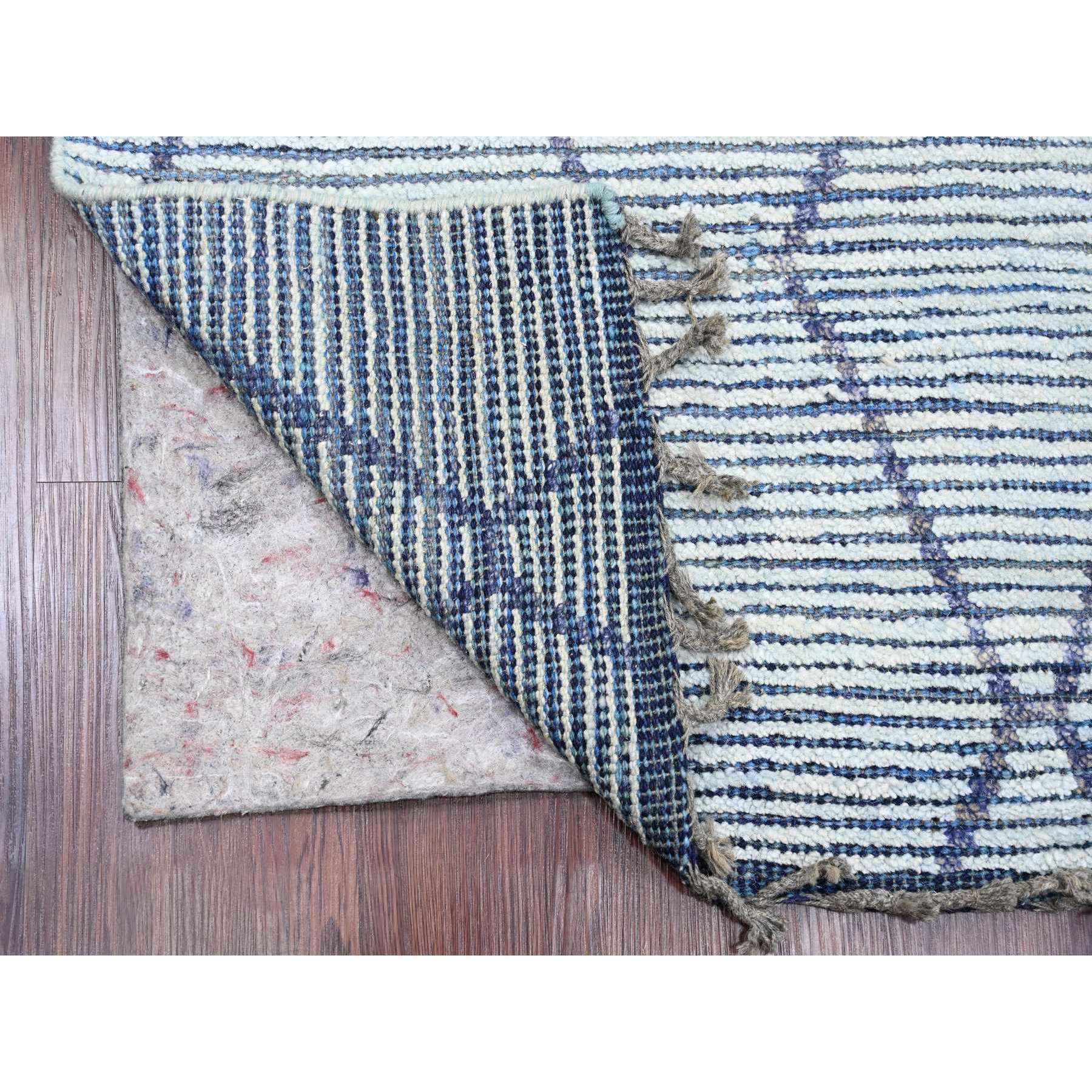 2'5"x10'3" Beau Blue, Moroccan Weave with Geometric Pattern, Textured Pile, Hand Knotted, Soft Wool, Runner, Oriental Rug Sh20291