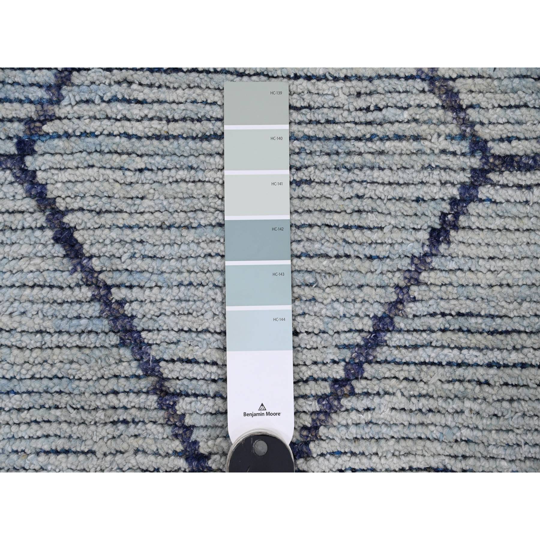 2'5"x10'3" Beau Blue, Moroccan Weave with Geometric Pattern, Textured Pile, Hand Knotted, Soft Wool, Runner, Oriental Rug Sh20291