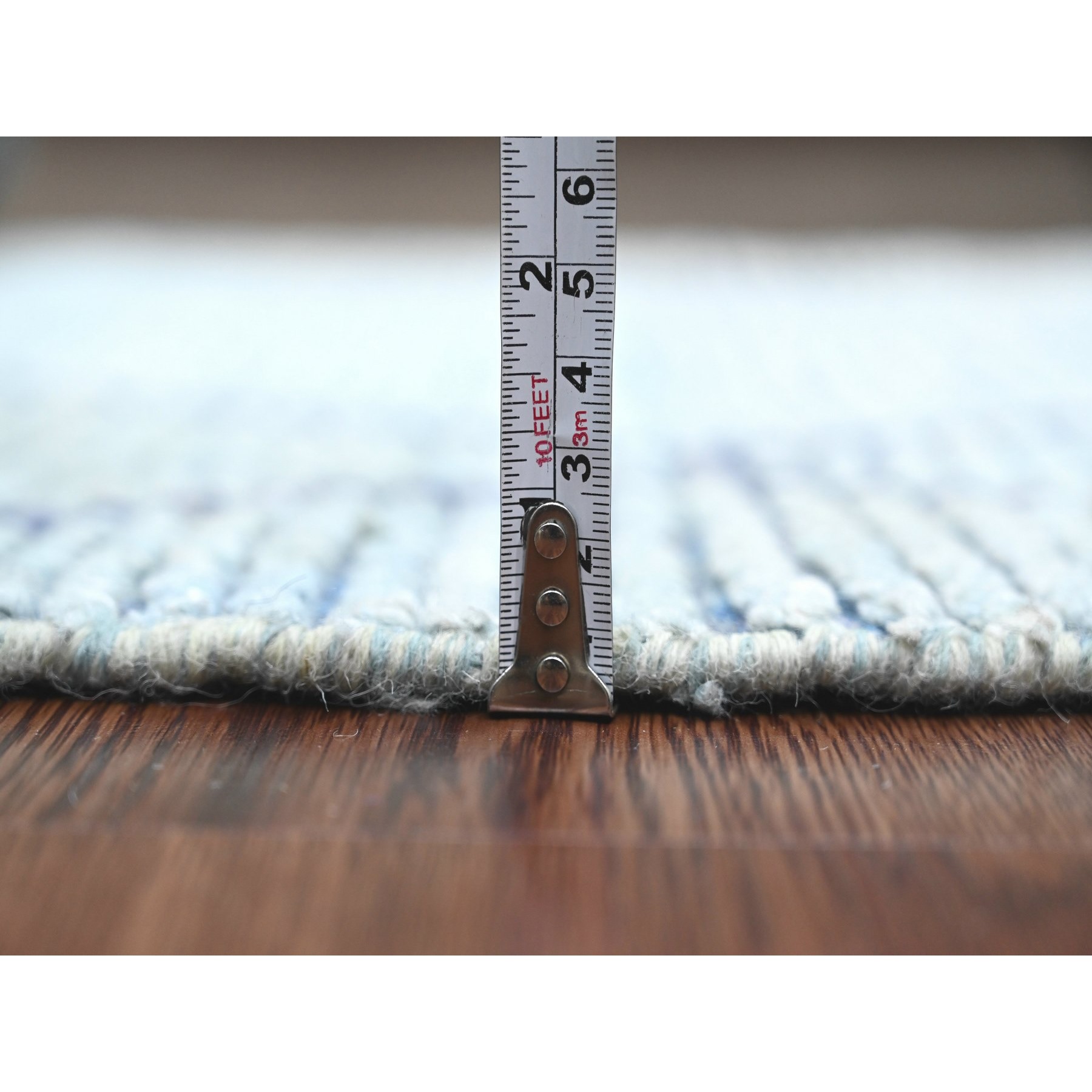 2'5"x10'3" Beau Blue, Moroccan Weave with Geometric Pattern, Textured Pile, Hand Knotted, Soft Wool, Runner, Oriental Rug Sh20291