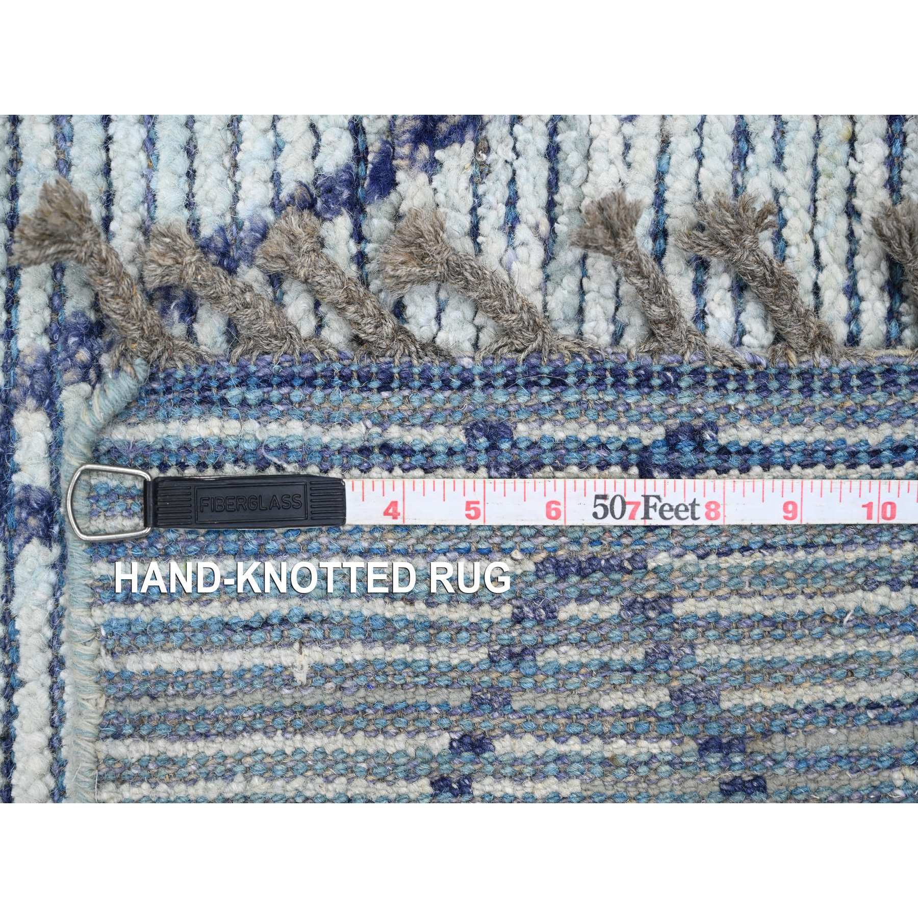 2'5"x10'3" Beau Blue, Moroccan Weave with Geometric Pattern, Textured Pile, Hand Knotted, Soft Wool, Runner, Oriental Rug Sh20291