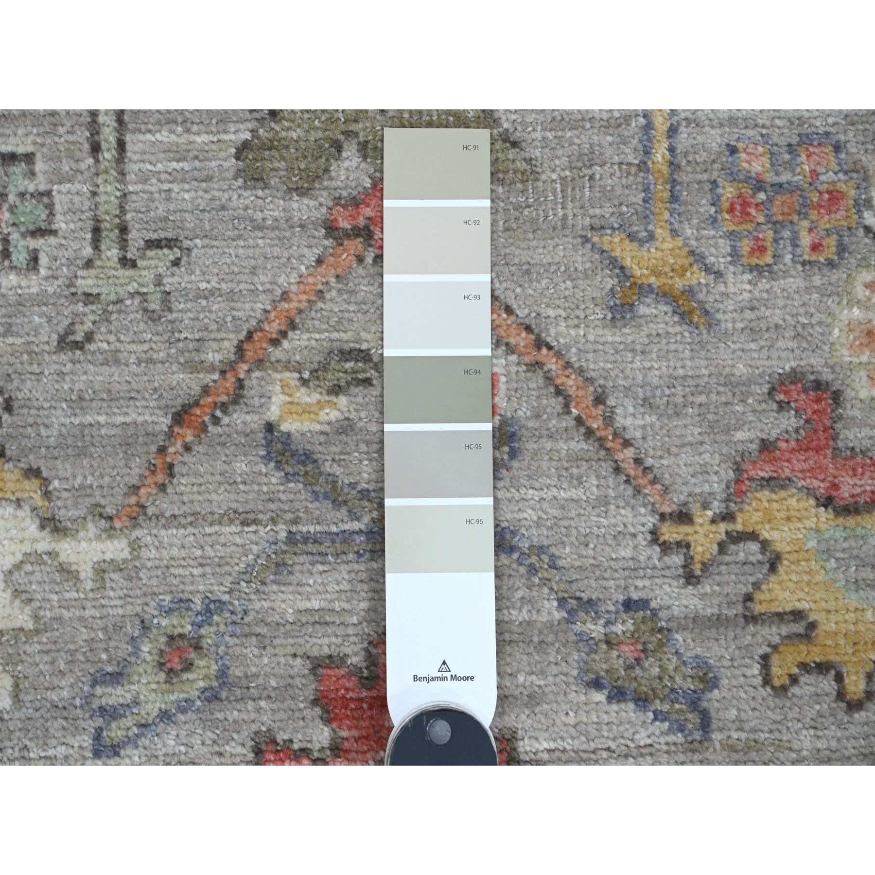 3'x11'7" Spanish Gray, Hand Knotted, Afghan Angora Oushak with Colorful Leaf Design, Vegetable Dyes, Pure Wool, Runner, Oriental Rug Sh20293