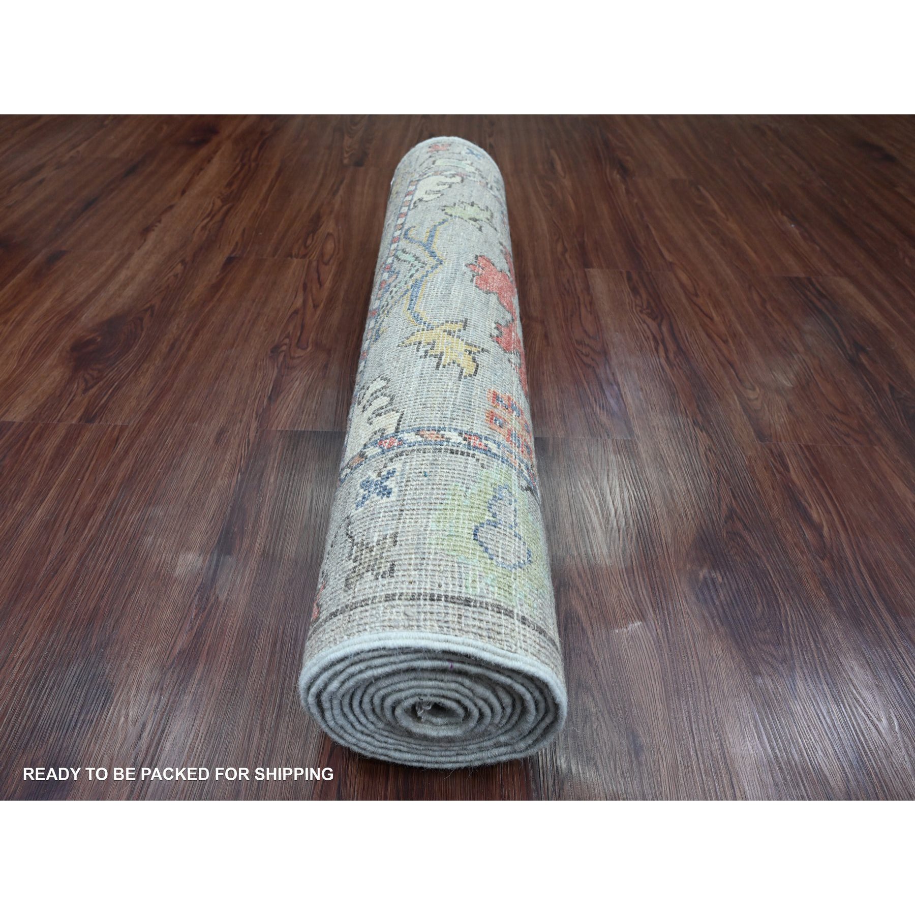 3'x11'7" Spanish Gray, Hand Knotted, Afghan Angora Oushak with Colorful Leaf Design, Vegetable Dyes, Pure Wool, Runner, Oriental Rug Sh20293