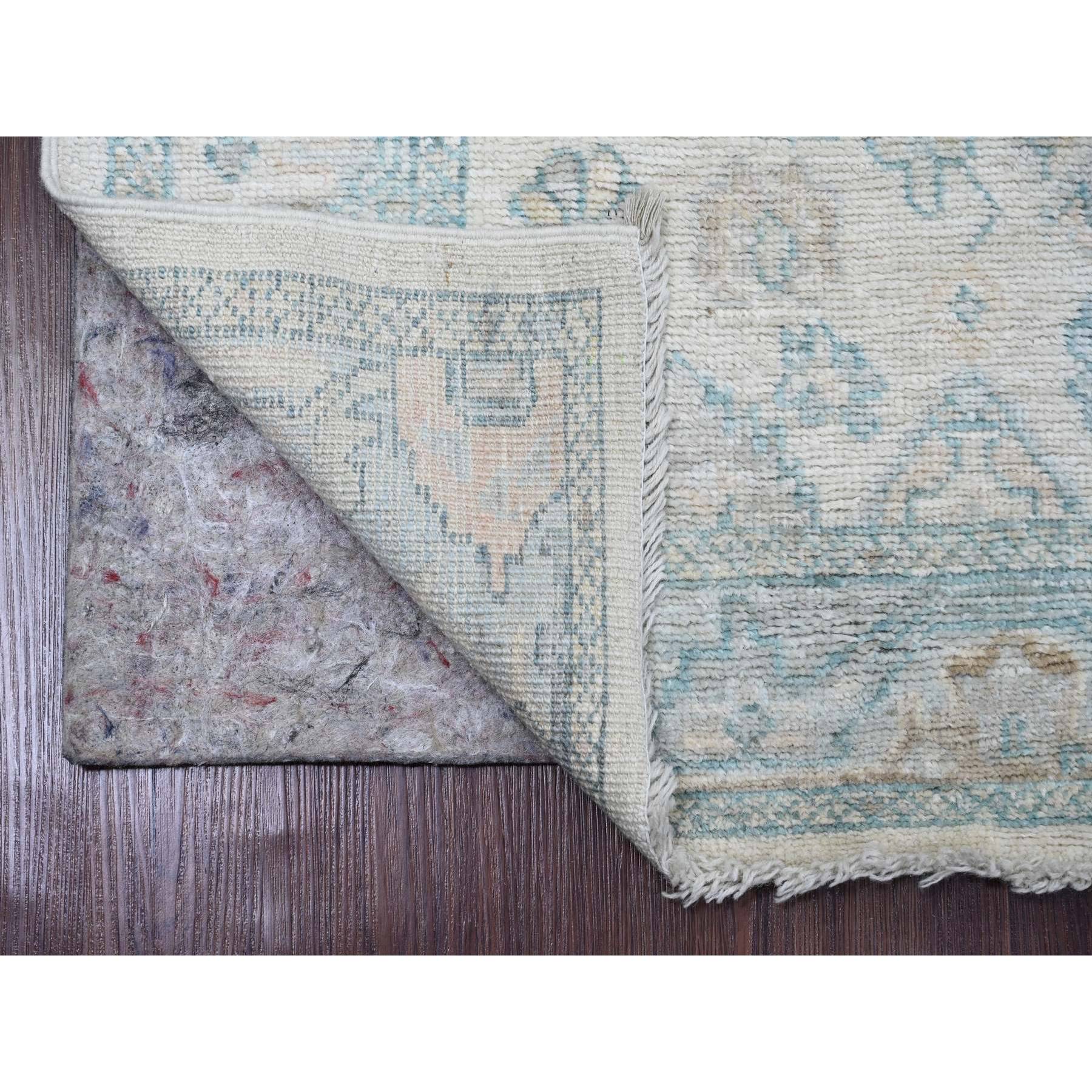 2'8"x11'4" Bone White, Geometric Leaf Design, Afghan Angora Oushak, Hand Knotted, Natural Dyes, 100% Wool, Runner, Oriental Rug Sh20300