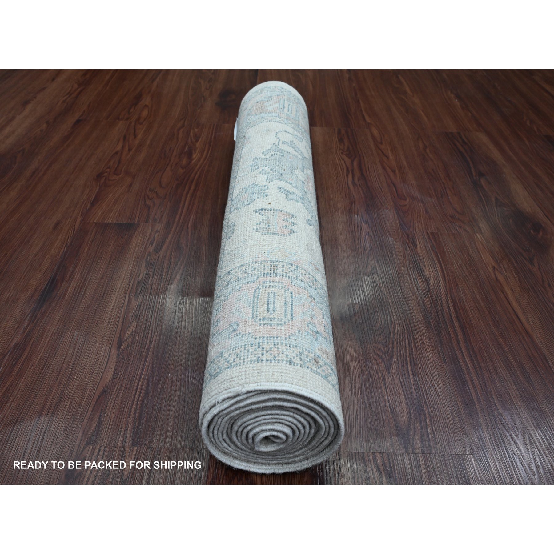 2'8"x11'4" Bone White, Geometric Leaf Design, Afghan Angora Oushak, Hand Knotted, Natural Dyes, 100% Wool, Runner, Oriental Rug Sh20300