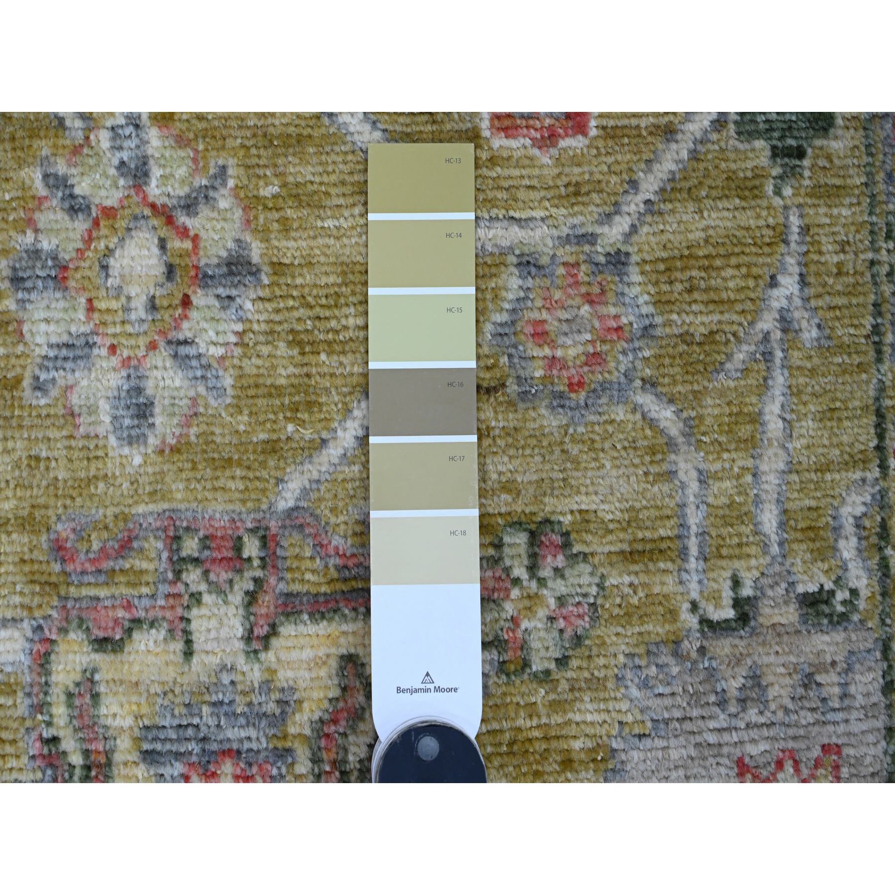 1'10"x3'1" Amber Green, Afghan Angora Oushak with Floral Pattern, Hand Knotted, Vegetable Dyes, Pure Wool, Mat, Oriental Rug Sh20325