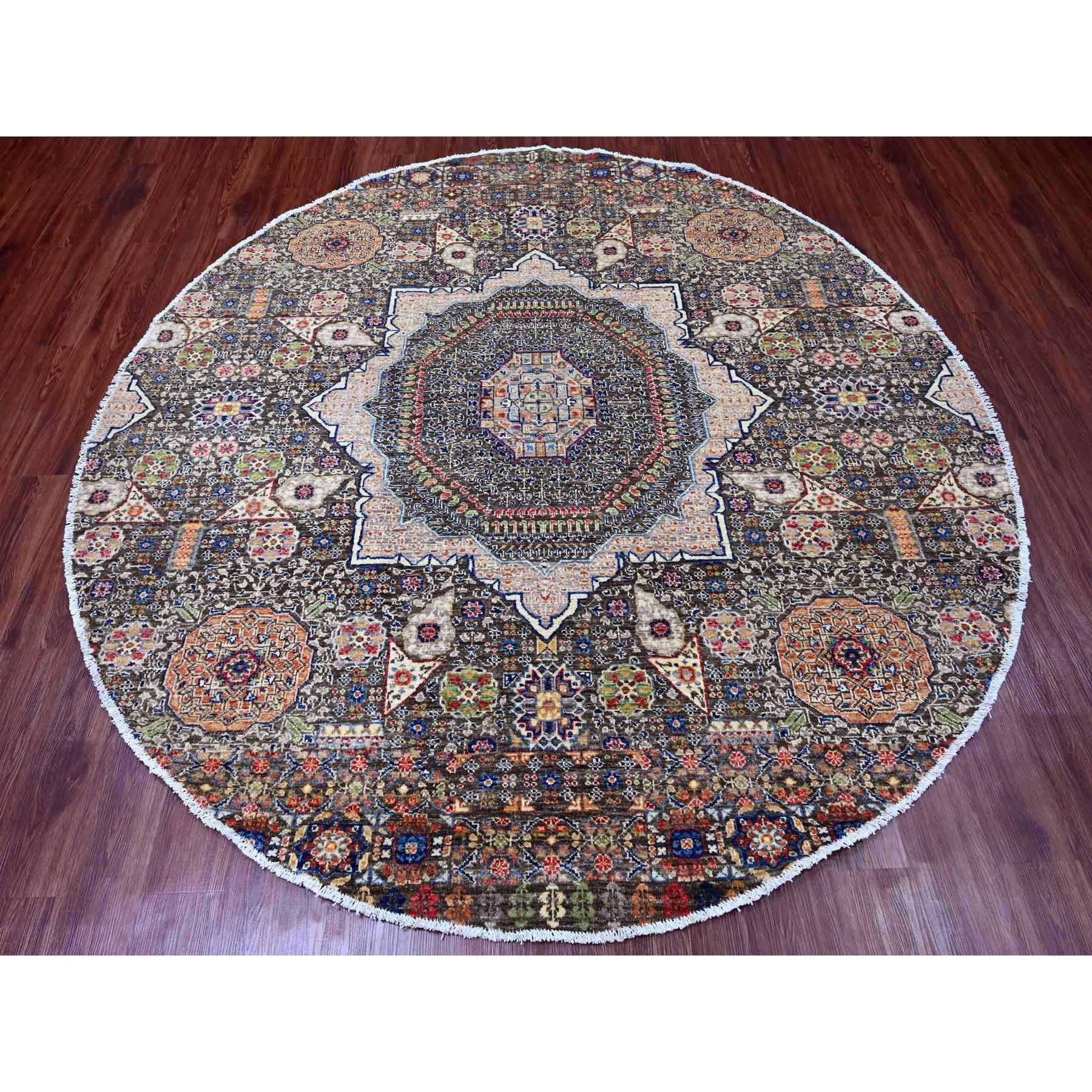 7'8"x7'8" Mocha Brown, 14th Century Mamluk Dynasty Pattern with Star Medallion Design, Hand Knotted, Soft Pile, High Mountain Wool, Vegetable Dyes, Round, Oriental Rug Sh20337