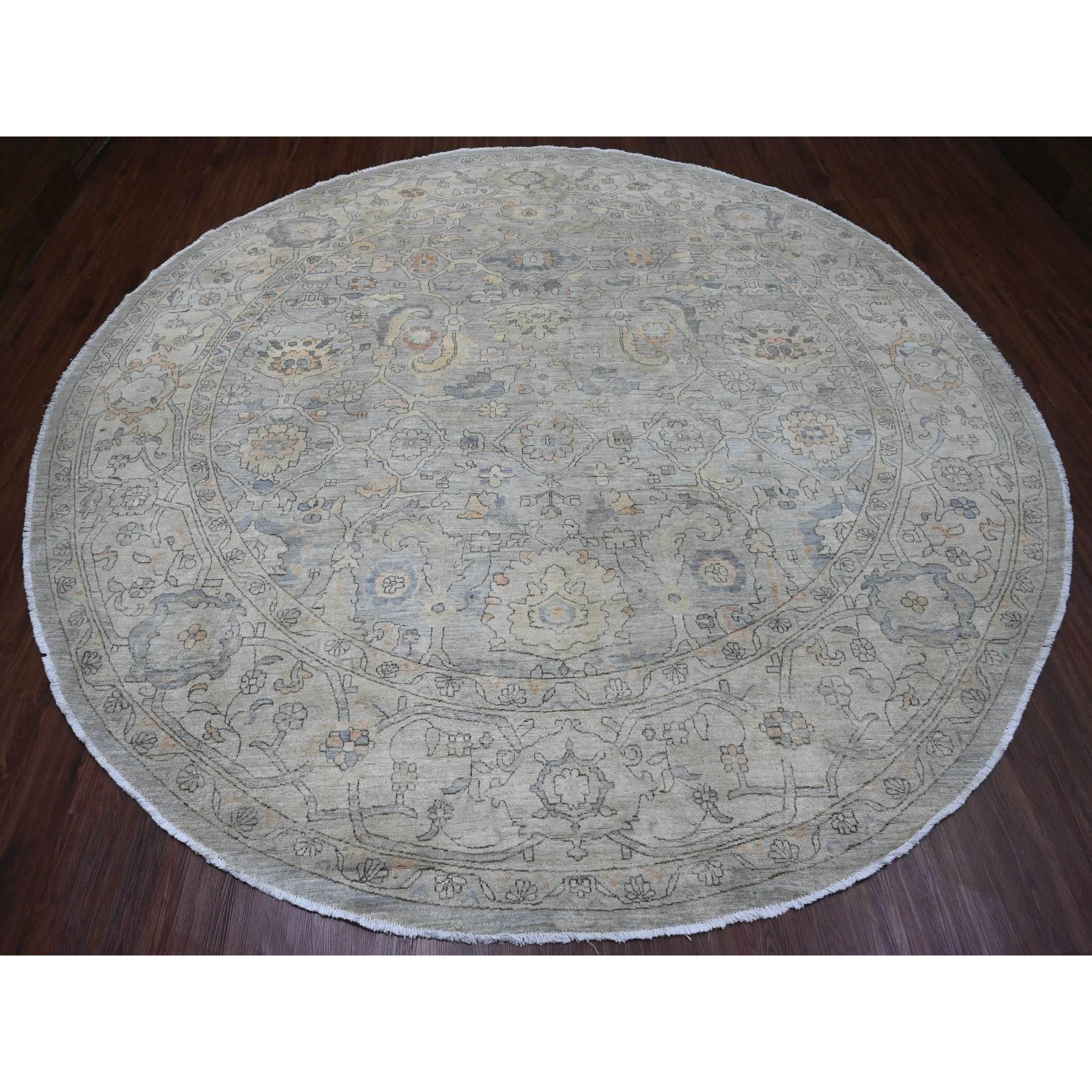 12'2"x12'2" Misty Gray, Washed Out Ziegler Mahal Revival with All Over Pattern, Hand Knotted, 100% Wool, Round, Oriental Rug Sh20339