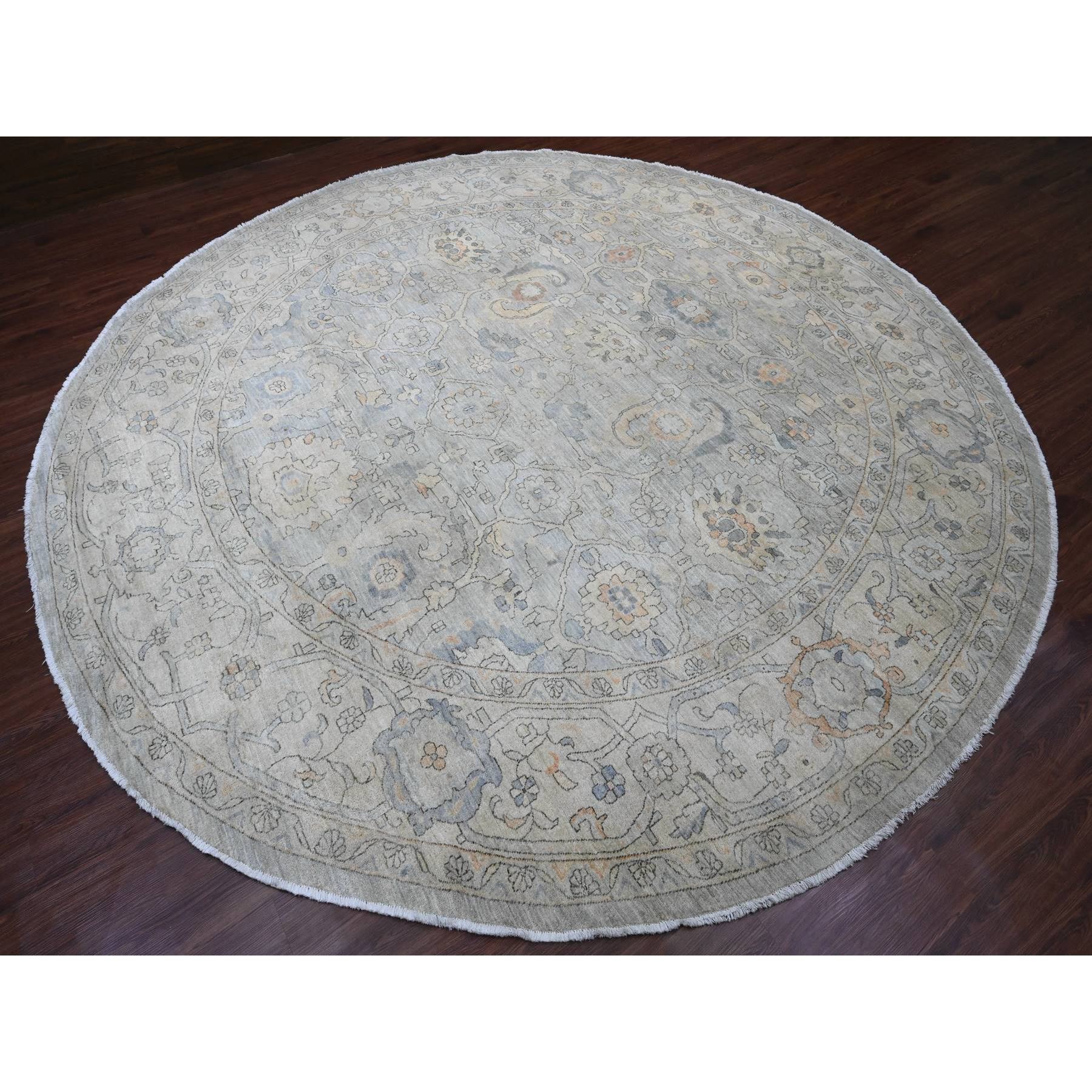 12'2"x12'2" Misty Gray, Washed Out Ziegler Mahal Revival with All Over Pattern, Hand Knotted, 100% Wool, Round, Oriental Rug Sh20339