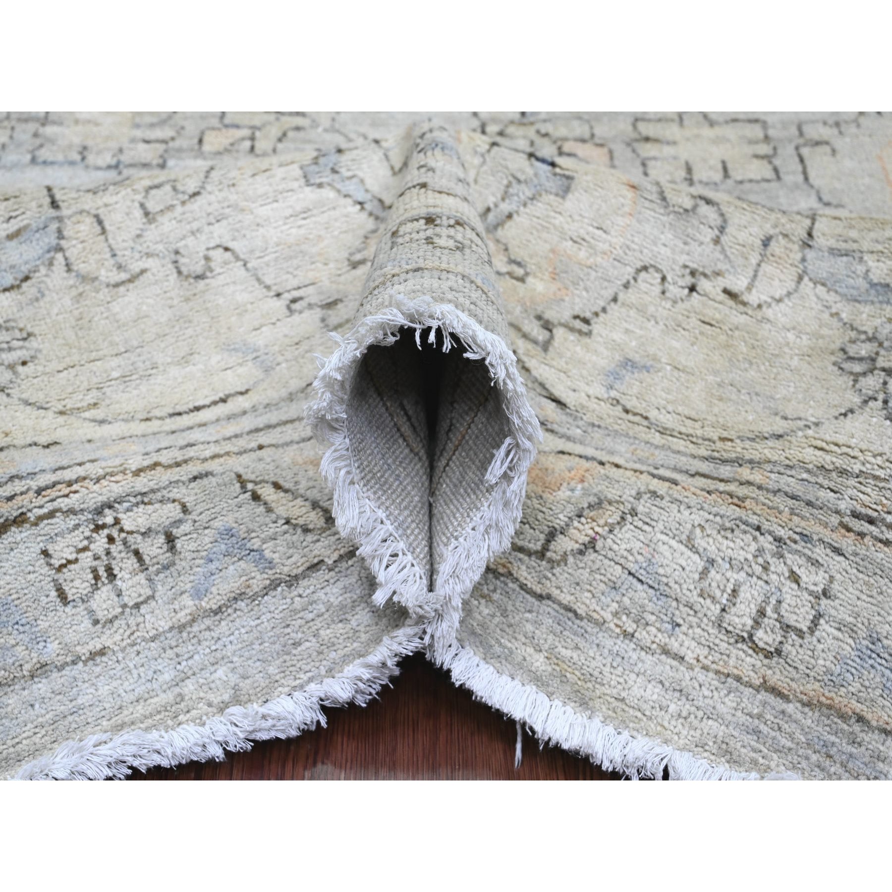 12'2"x12'2" Misty Gray, Washed Out Ziegler Mahal Revival with All Over Pattern, Hand Knotted, 100% Wool, Round, Oriental Rug Sh20339