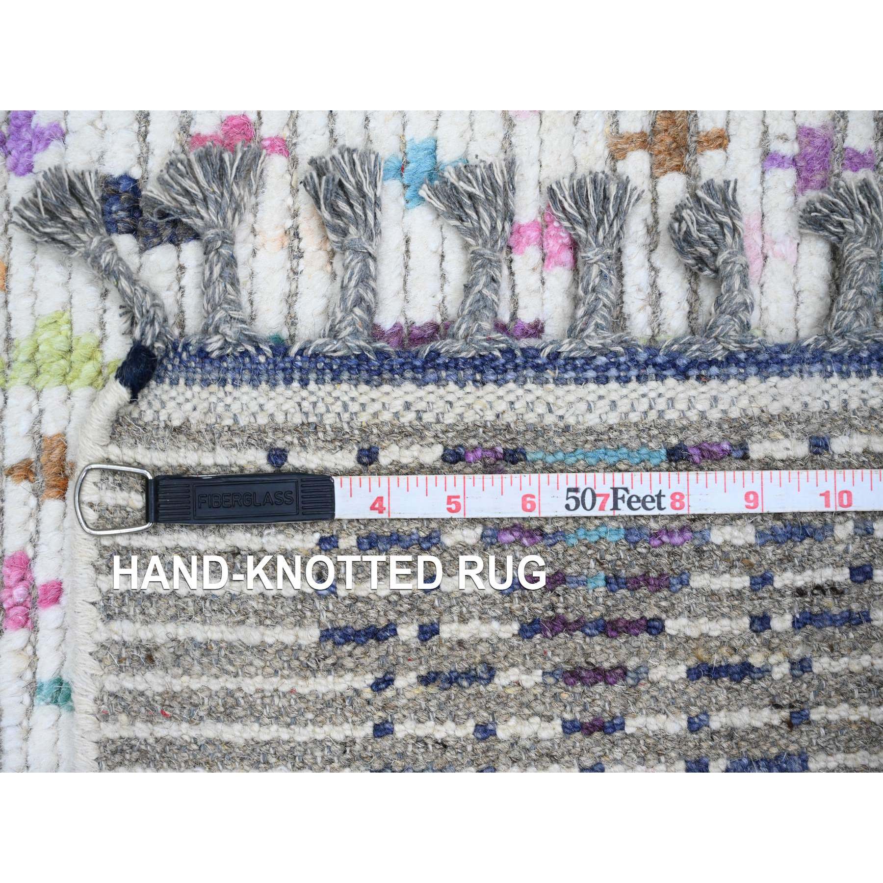 5'5"x8'6" Daisy White, Moroccan Weave with Colorful Tribal and Geometric Design, Tone on Tone, Hand Knotted, Soft Wool, Textured Pile, Oriental Rug Sh20345
