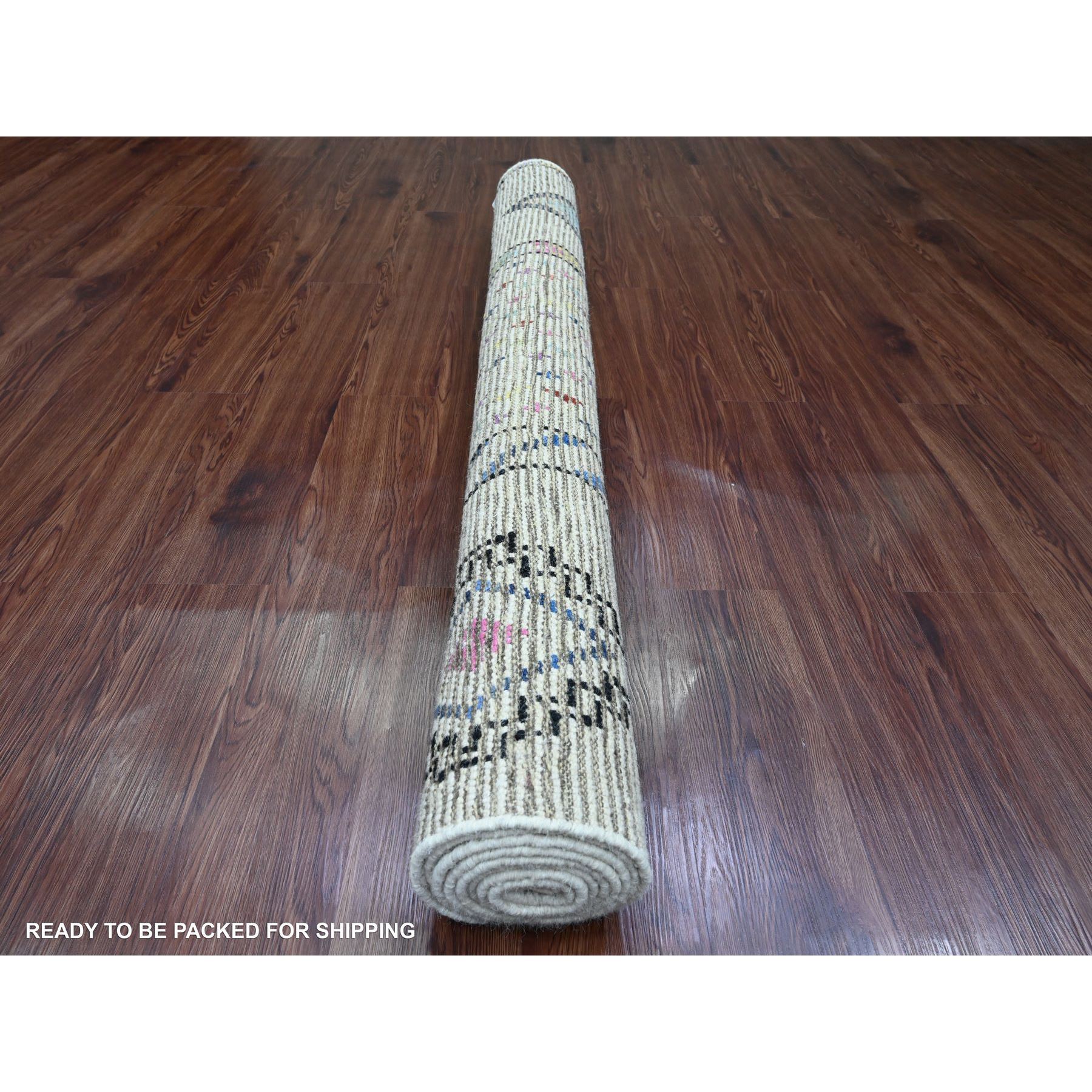 5'5"x9' Pearl White, Moroccan Weave with Colorful Geometric Design, Hand Knotted, Soft Wool, Tone on Tone, Textured Pile, Oriental Rug Sh20347