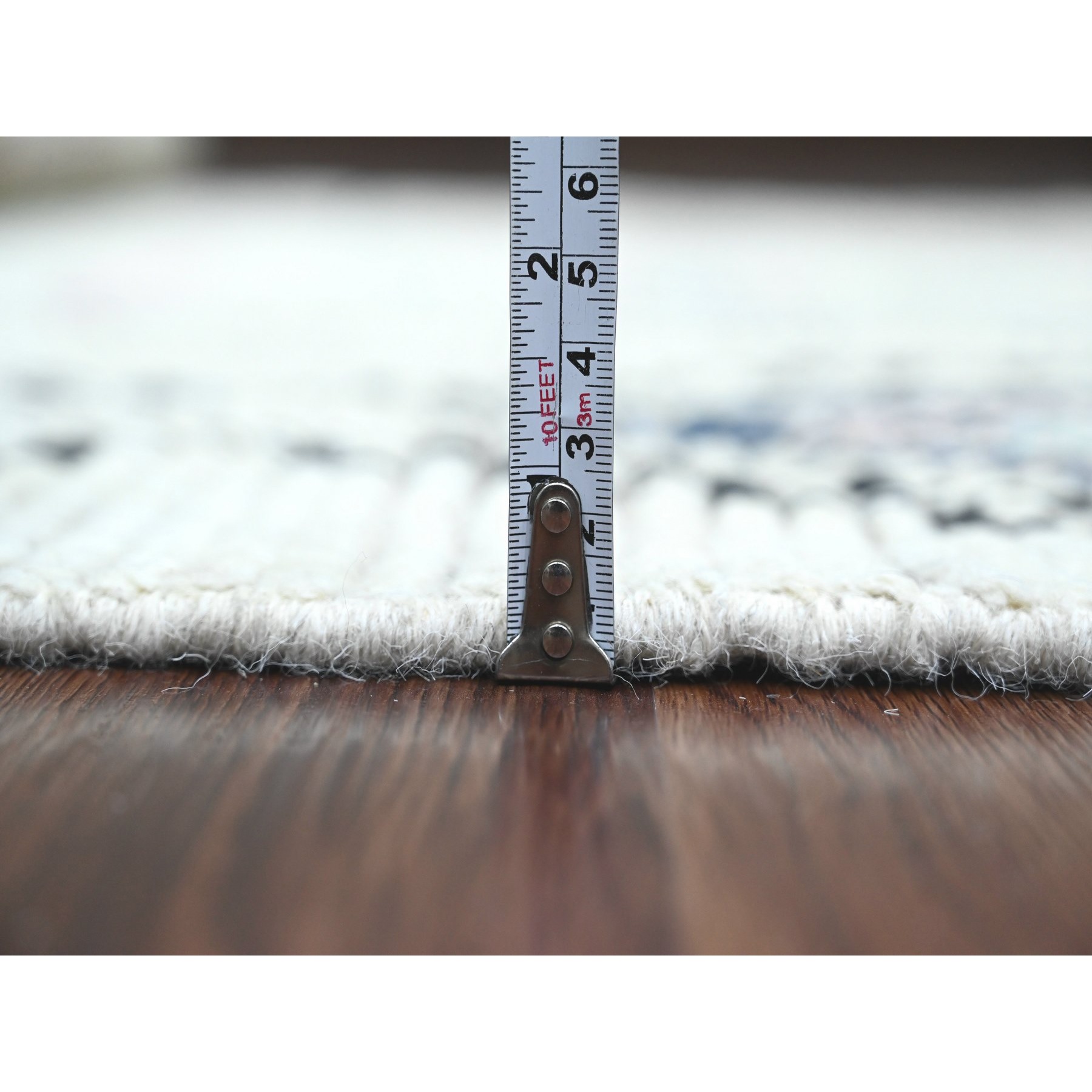 5'5"x9' Pearl White, Moroccan Weave with Colorful Geometric Design, Hand Knotted, Soft Wool, Tone on Tone, Textured Pile, Oriental Rug Sh20347