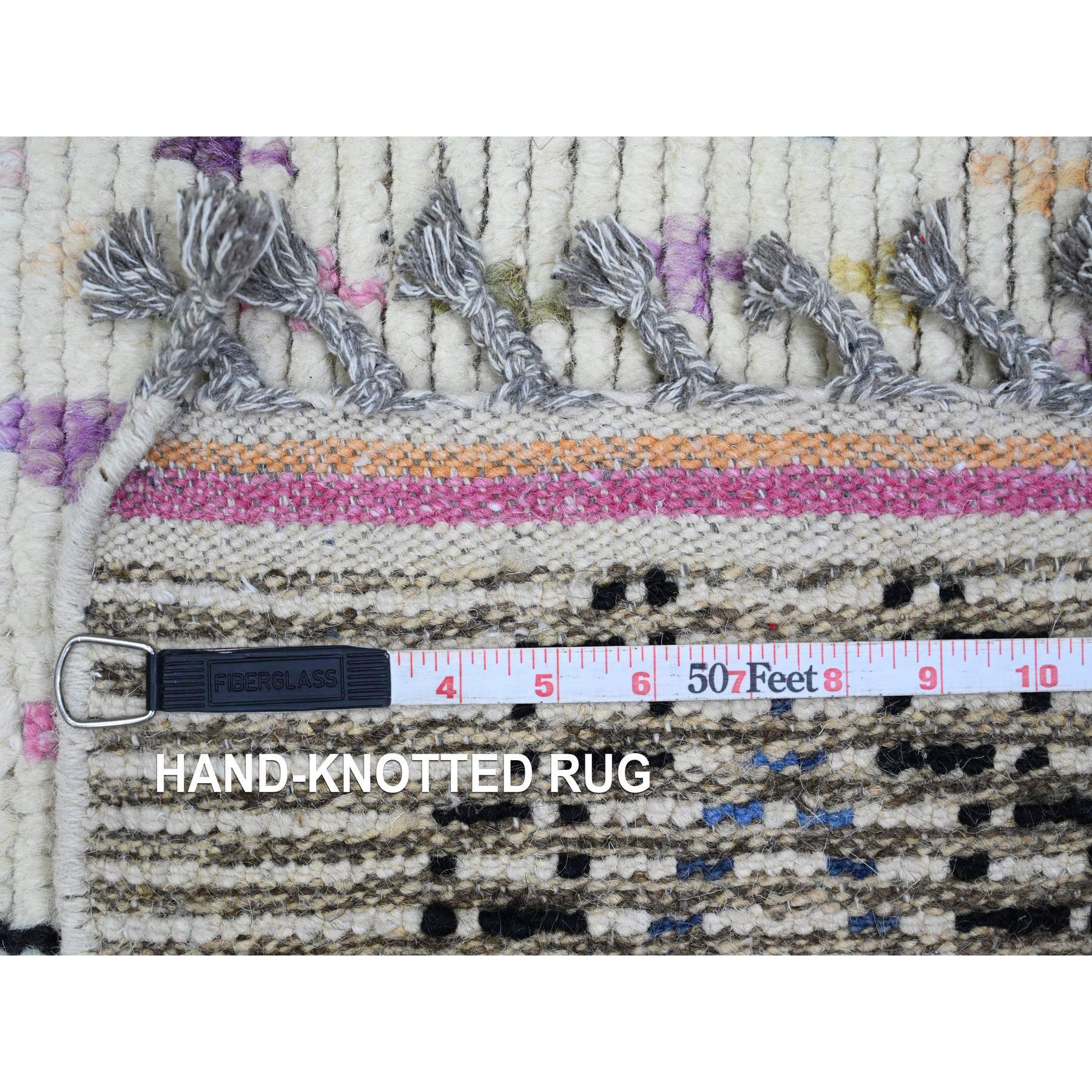 5'5"x9' Pearl White, Moroccan Weave with Colorful Geometric Design, Hand Knotted, Soft Wool, Tone on Tone, Textured Pile, Oriental Rug Sh20347