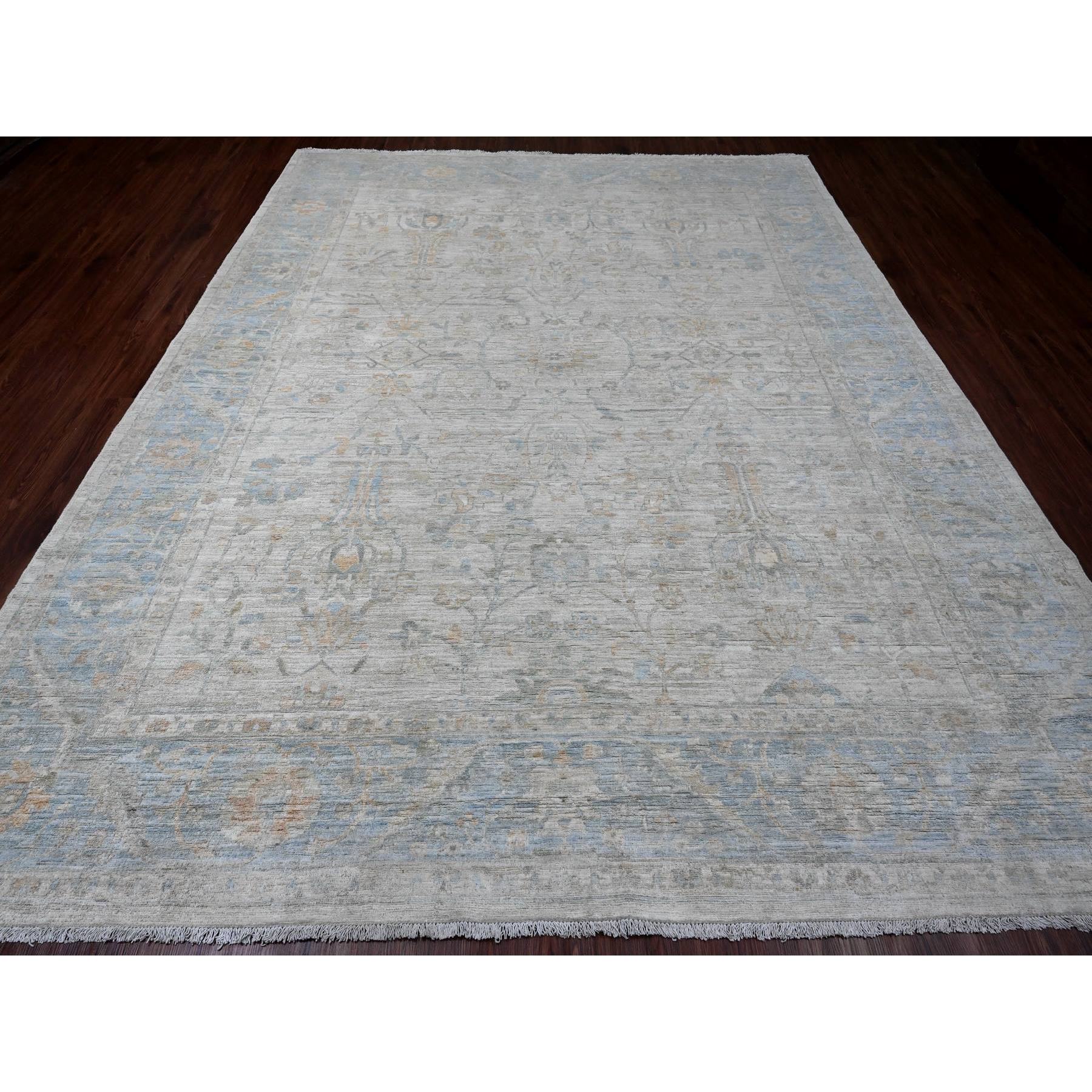 9'1"x11'7" Oyster Gray, Aryana Collection, Afghan Peshawar with Heriz All Over Design, 100% Wool, Hand Knotted, Vegetable Dyes, Densely Woven, Oriental Rug Sh20349
