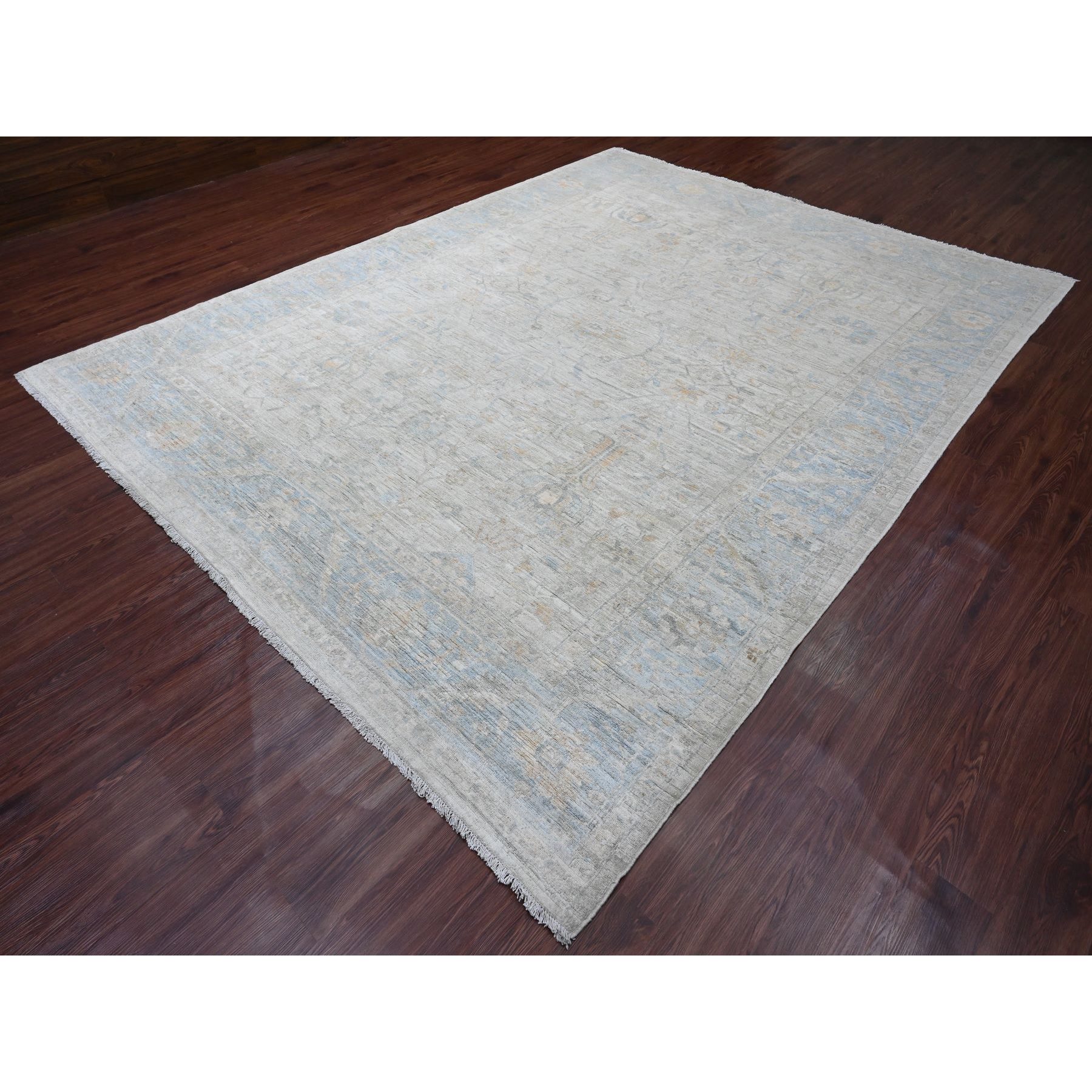 9'1"x11'7" Oyster Gray, Aryana Collection, Afghan Peshawar with Heriz All Over Design, 100% Wool, Hand Knotted, Vegetable Dyes, Densely Woven, Oriental Rug Sh20349