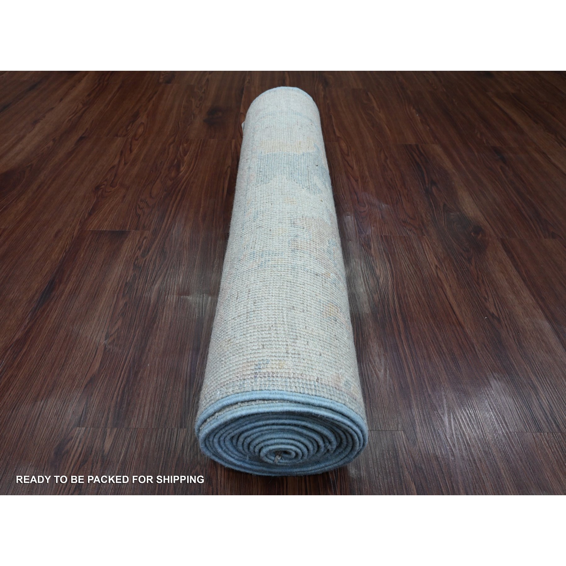 3'x15'6" Stone Blue, Afghan Angora Oushak with Large Leaf Design, Veggie Dyes, Hand Knotted, Pure Wool, XL Runner, Oriental Rug Sh20358