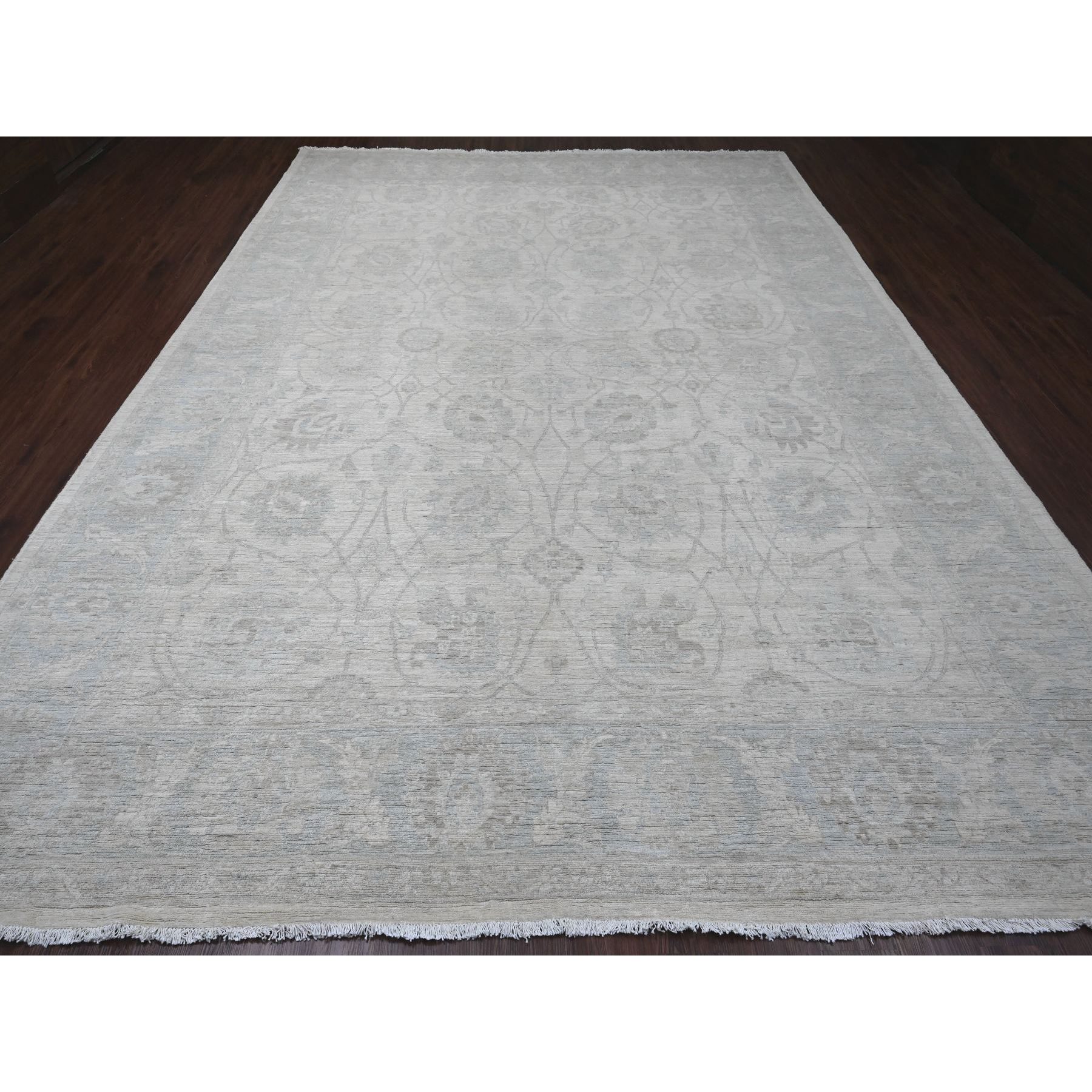 9'10"x13'6" Pearl White, Washed Out Peshawar with All Over Leaf Design, 100% Wool, Hand Knotted, Veggie Dyes, Oriental Rug Sh20363