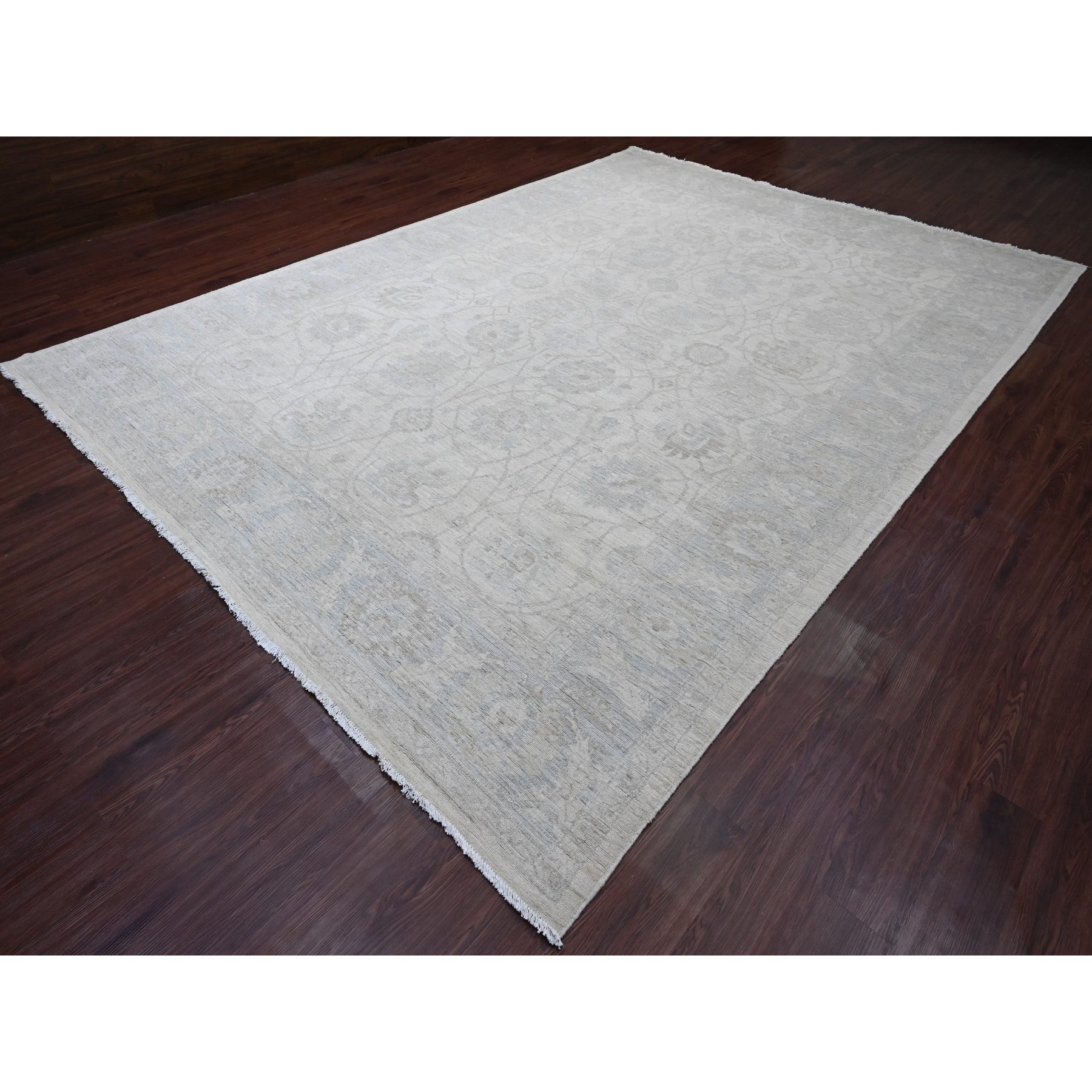 9'10"x13'6" Pearl White, Washed Out Peshawar with All Over Leaf Design, 100% Wool, Hand Knotted, Veggie Dyes, Oriental Rug Sh20363