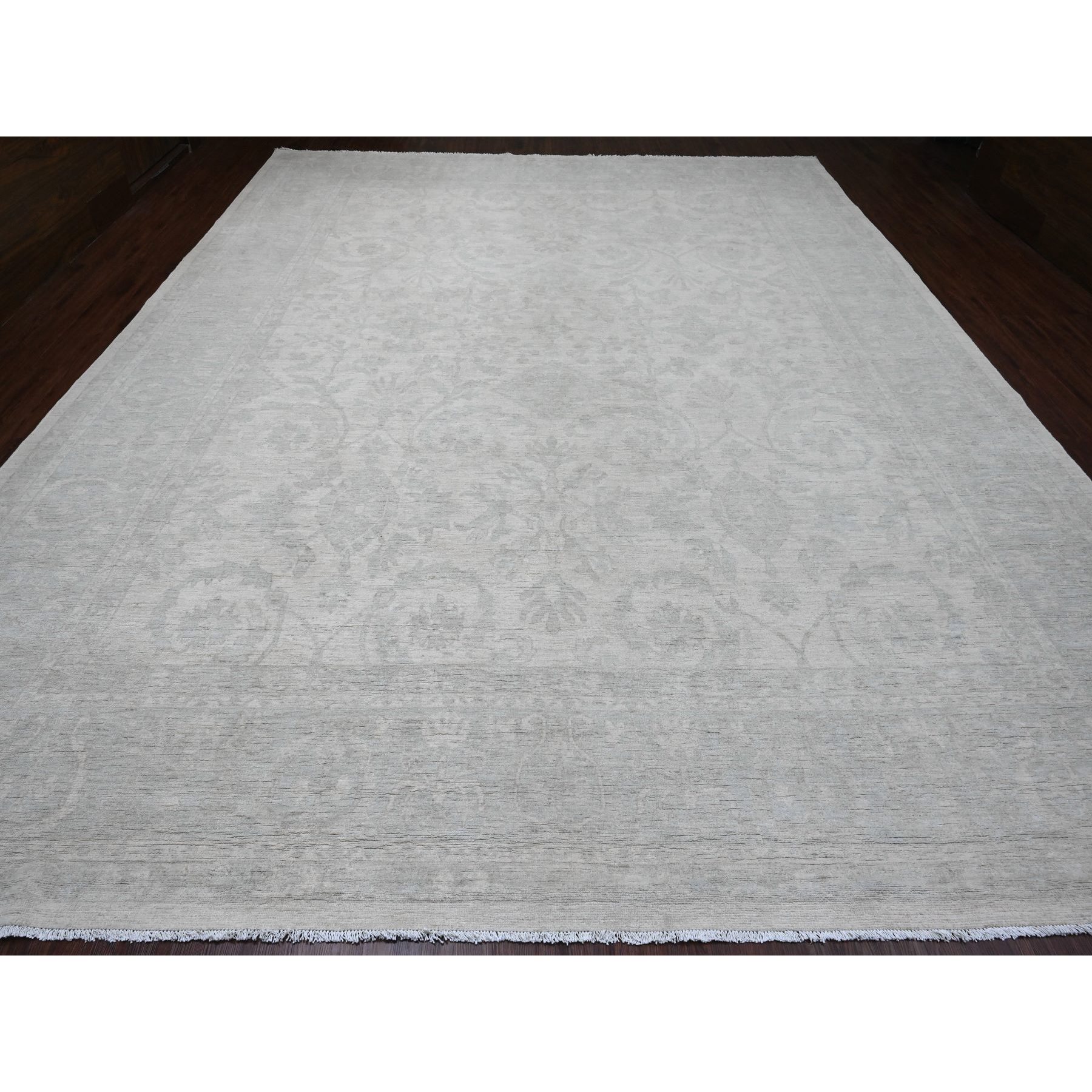 12'x15'1" Chiffon White, Stone Washed Peshawar with All Over Pattern, Natural Dyes, 100% Wool, Hand Knotted, Oversized, Oriental Rug Sh20365