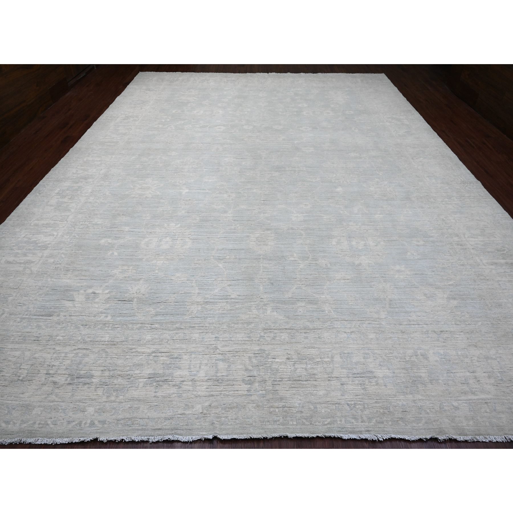 11'10"x15'3" Misty Gray, White Wash Peshawar with All Over Leaf Design, Natural Dyes, 100% Wool, Hand Knotted, Oversized, Oriental Rug Sh20366