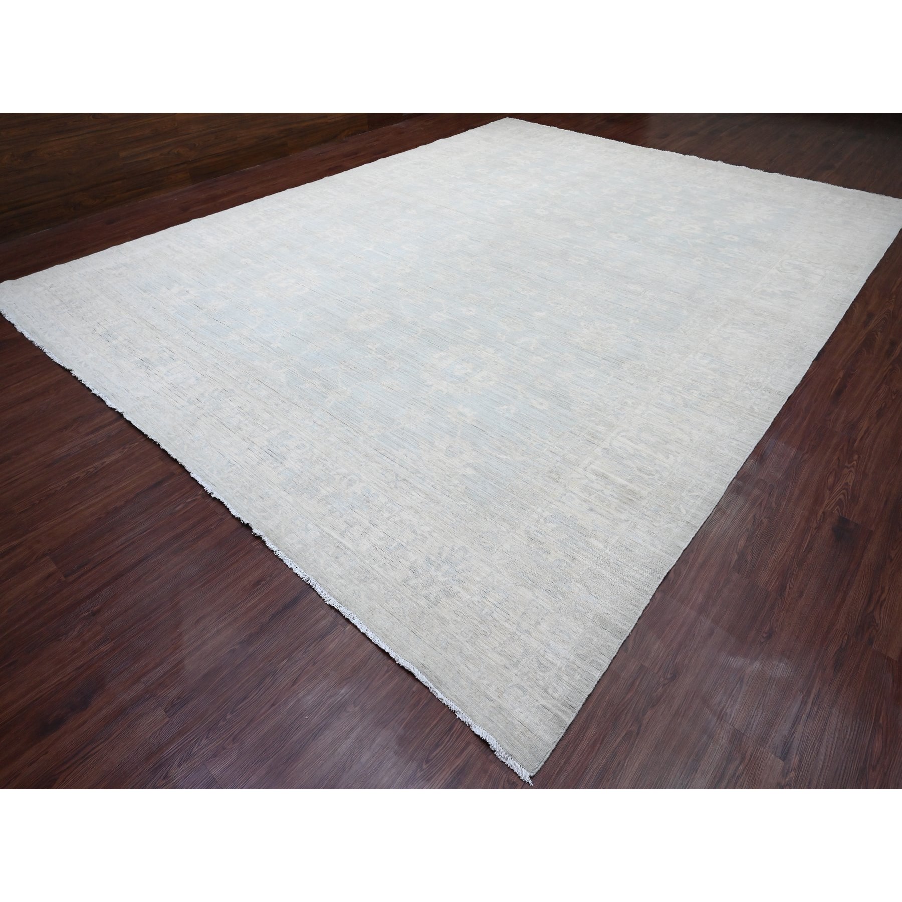 11'10"x15'3" Misty Gray, White Wash Peshawar with All Over Leaf Design, Natural Dyes, 100% Wool, Hand Knotted, Oversized, Oriental Rug Sh20366