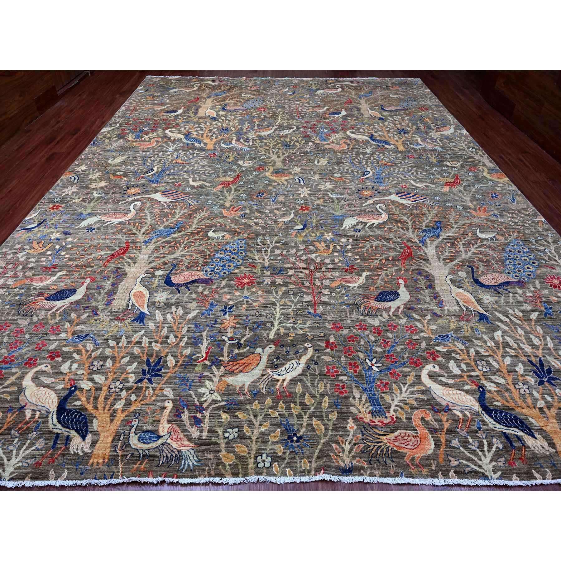 12'x15'4" Cedar Brown, Afghan Peshawar with Birds of Paradise Design, Hand Knotted, Soft and Velvety Wool, Vegetable Dyes, Oversized, Oriental Rug Sh20367