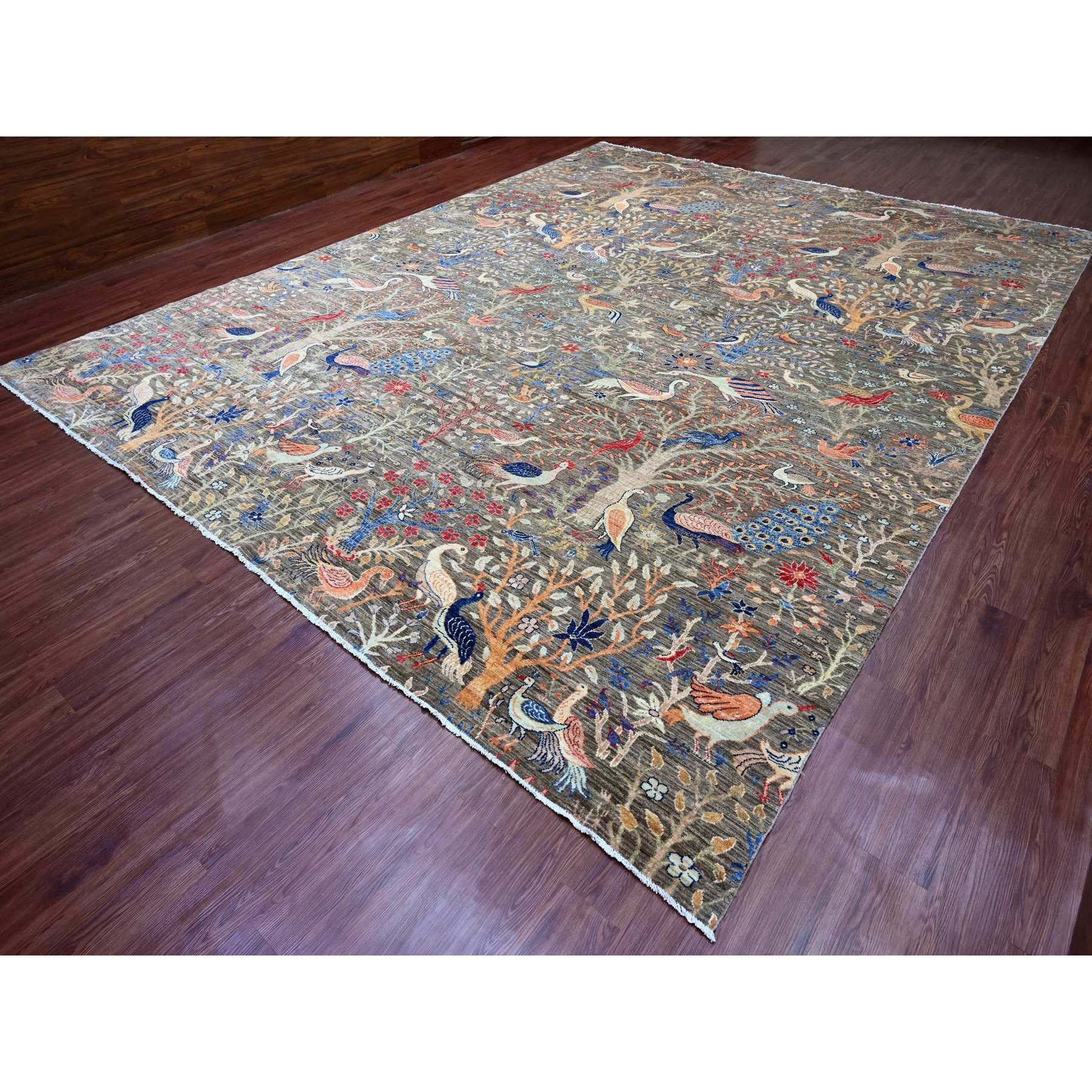 12'x15'4" Cedar Brown, Afghan Peshawar with Birds of Paradise Design, Hand Knotted, Soft and Velvety Wool, Vegetable Dyes, Oversized, Oriental Rug Sh20367