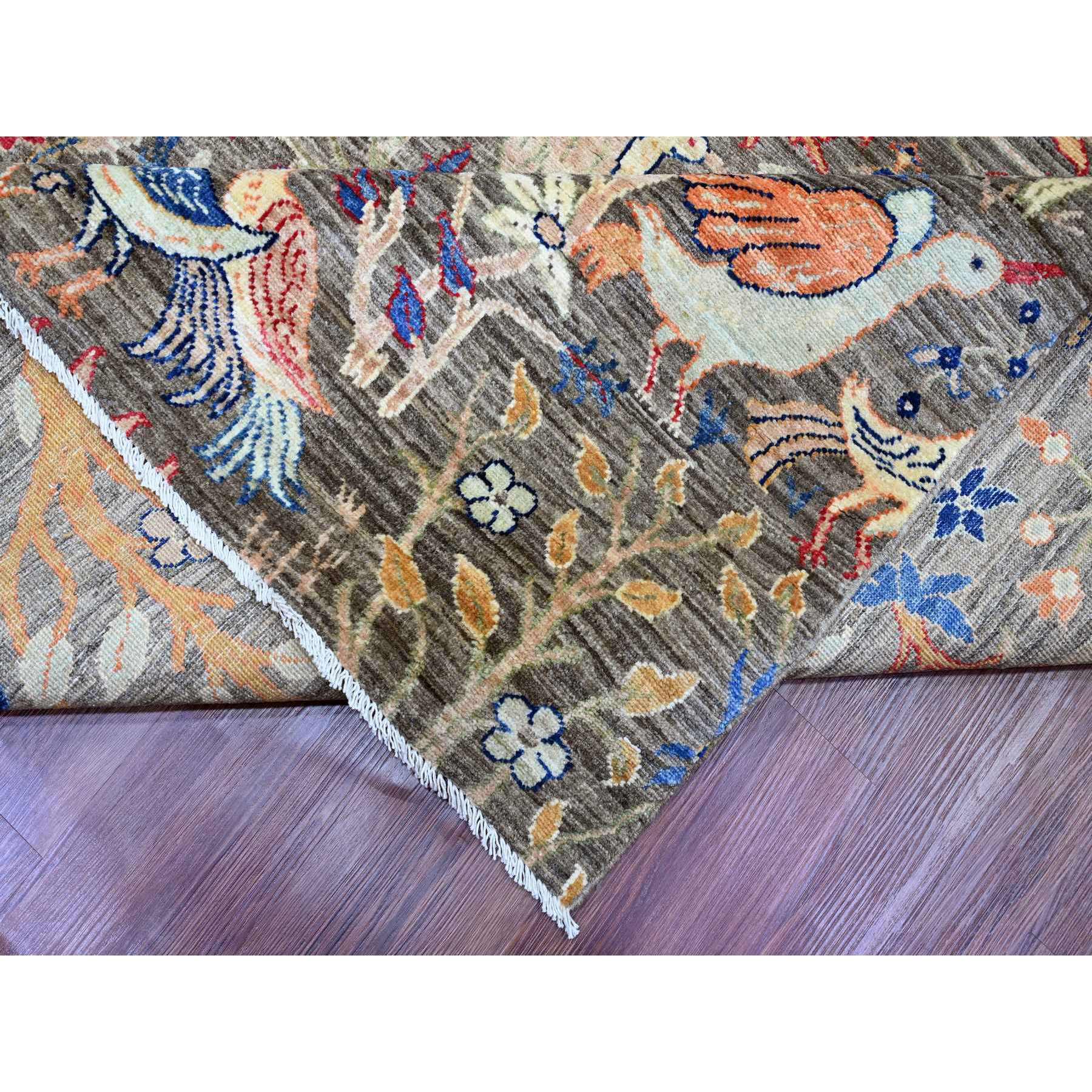 12'x15'4" Cedar Brown, Afghan Peshawar with Birds of Paradise Design, Hand Knotted, Soft and Velvety Wool, Vegetable Dyes, Oversized, Oriental Rug Sh20367
