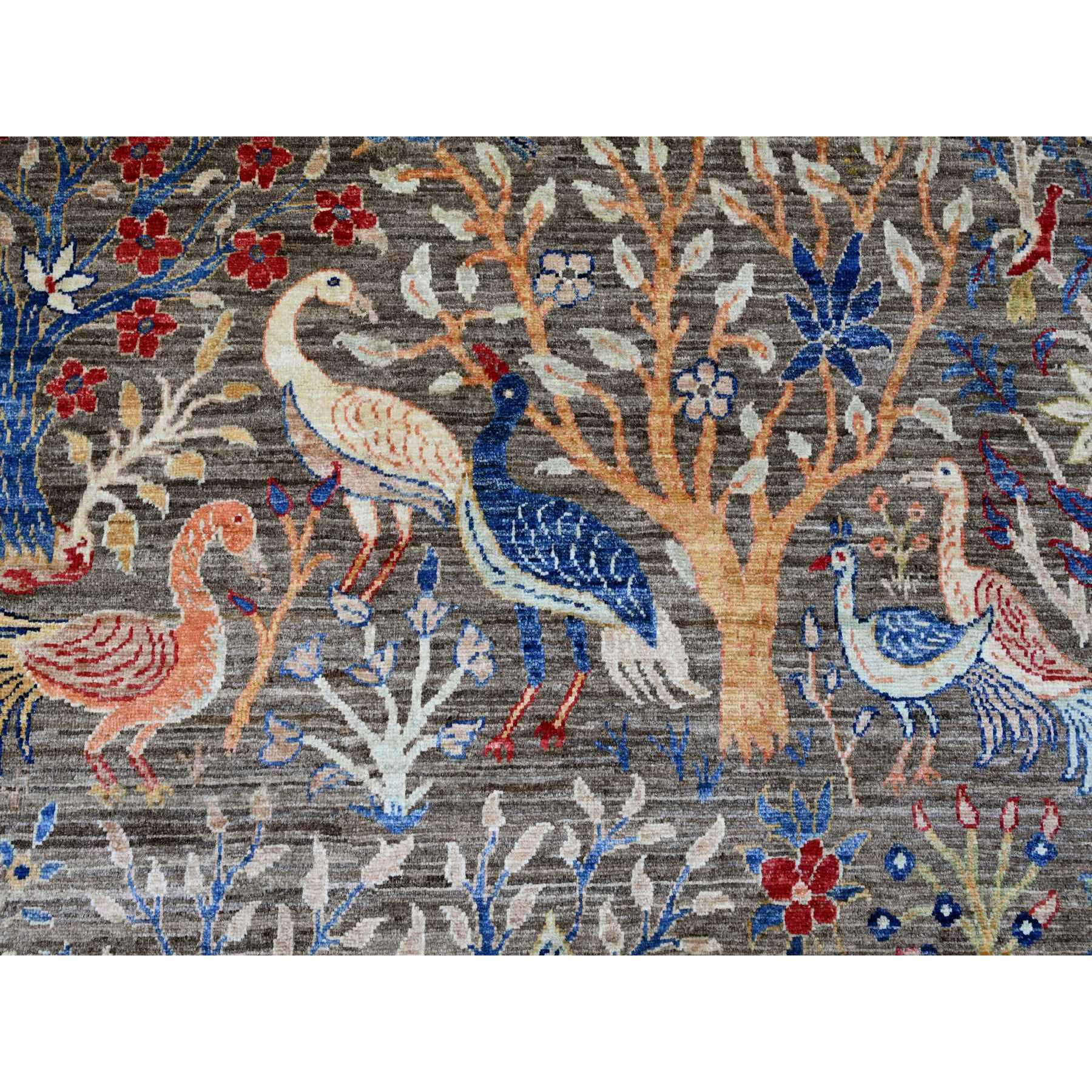 12'x15'4" Cedar Brown, Afghan Peshawar with Birds of Paradise Design, Hand Knotted, Soft and Velvety Wool, Vegetable Dyes, Oversized, Oriental Rug Sh20367