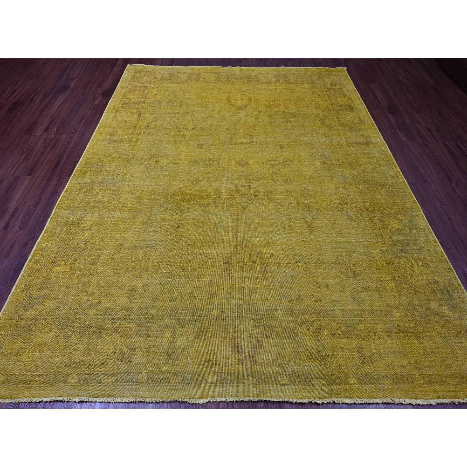 7'7"x9'7" Golden Yellow, Overdyed, Zero Pile, Peshawar with Tribal Design, Hand Knotted, 100% Wool, Distressed, Oriental Rug Sh20369